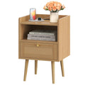 Rattan Nightstand with Charging Station, Mid Century Modern Bed Side Table, Boho End Table with Wood Legs, Bedside Tables for Fa