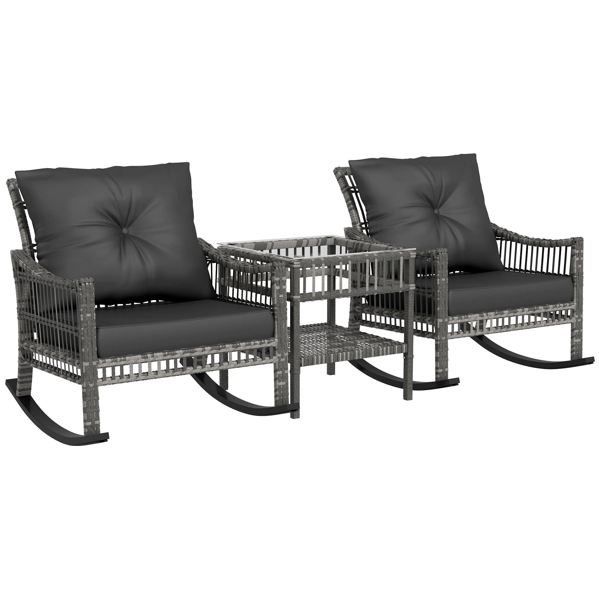Outsunny Wicker Outdoor Rocking Chair Set, 3 Piece Patio Furniture Set with Padded Cushions and Storage Coffee Table, 2-Seater P