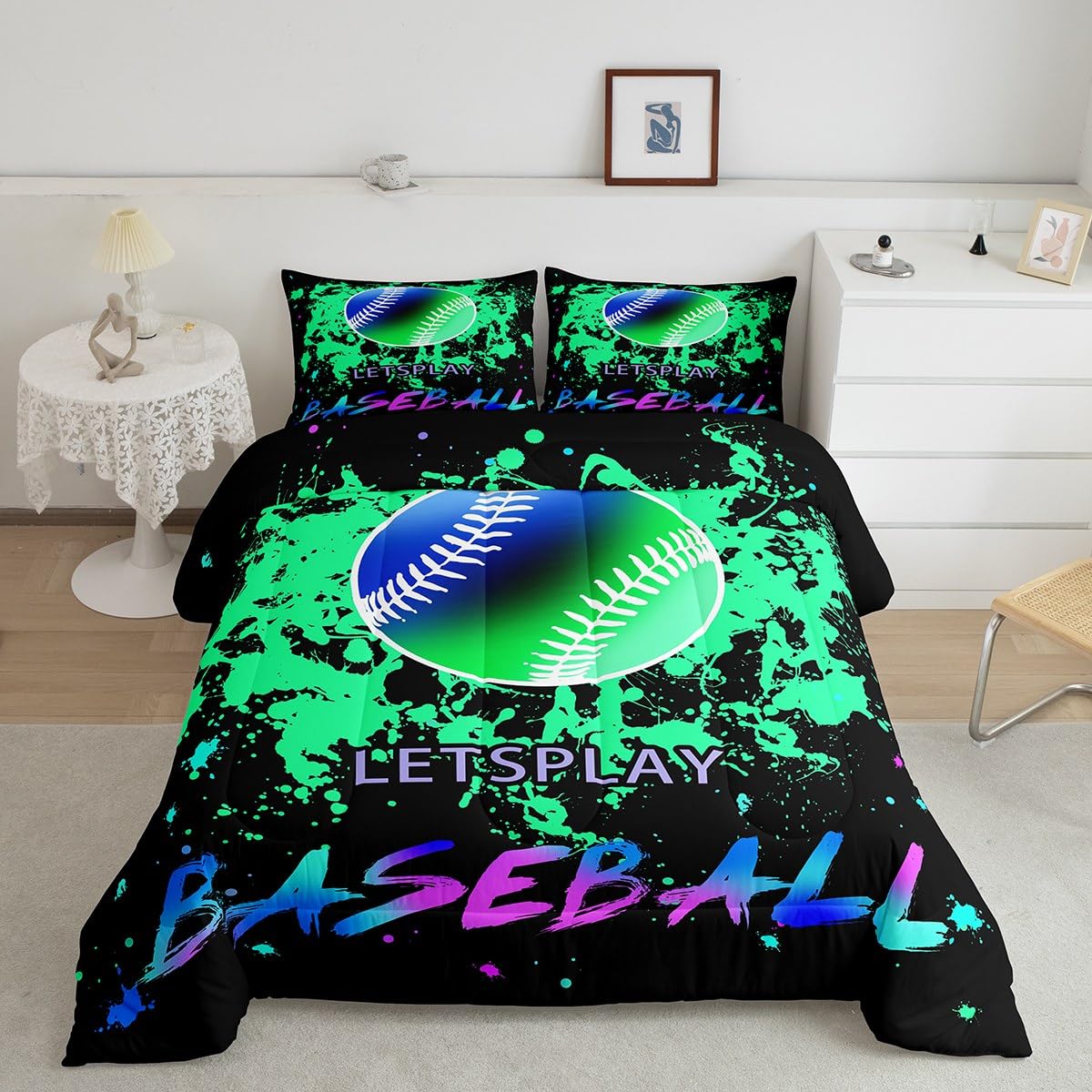 jejeloiu Baseball Comforter Set Full Size Kids 3D Ball Comforter for Boys Girls Teens Gaming Sports Bedding Set Green Blue Tie D
