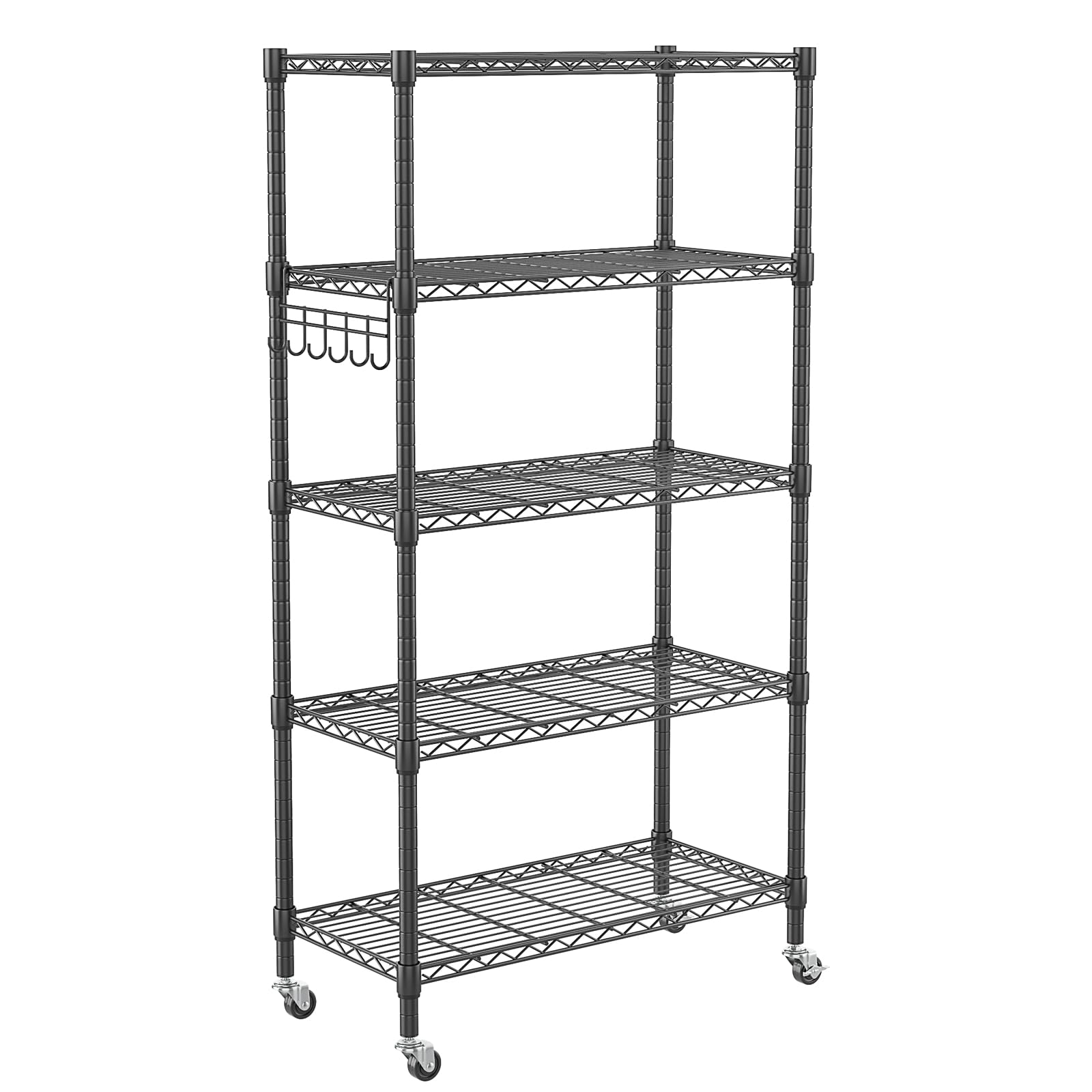 Homdox 5 Tier Metal Storage Shelves with Wheels, Heavy Duty Wire Shelving Unit, Adjustable Storage Racks with Side Hooks for Bat
