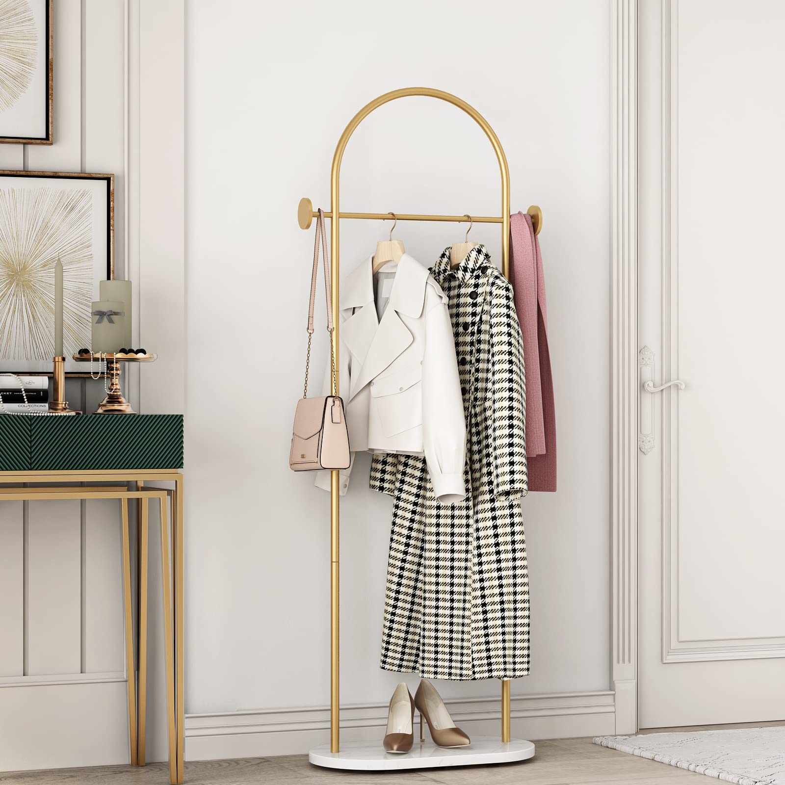 DR.IRON Modern Gold Clothes Racks with Shelves Freestanding, Gold Coat Racks with Marble Base & Coat Hanger with Umbrella for En