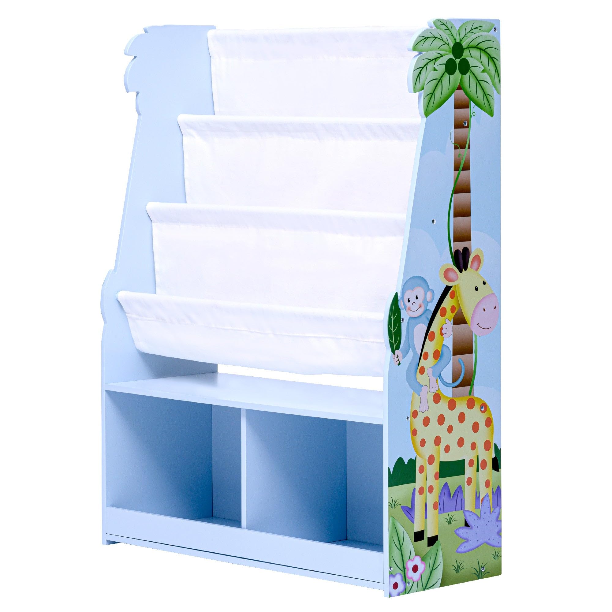 Fantasy Fields Sunny Safari 3 Tier Kids Bookshelf, Wooden Kids Book Sling Rack with Toy Storage for Playroom, Nursery, Kids Room