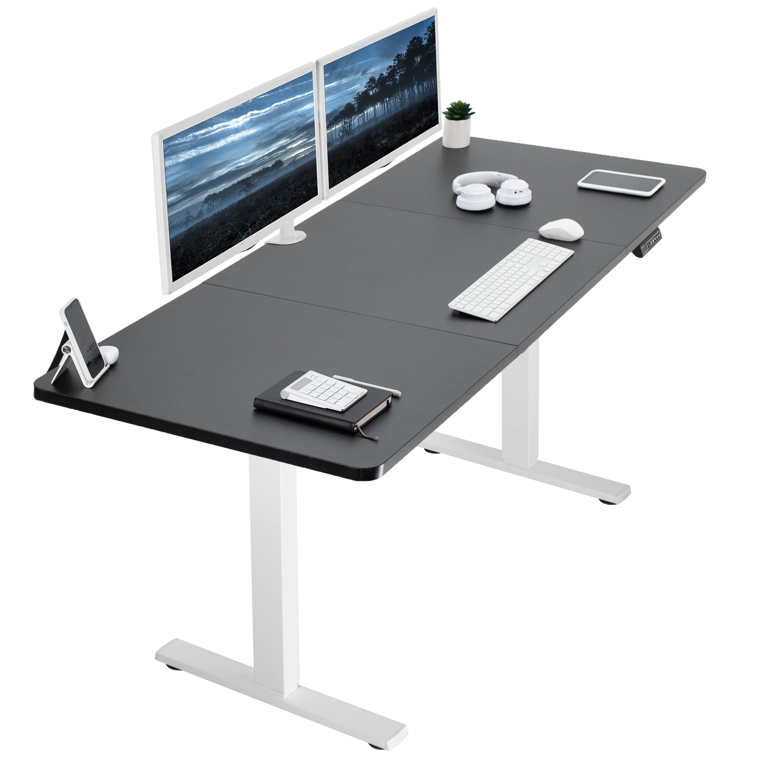 VIVO Electric Height Adjustable 71 x 30 inch Memory Stand Up Desk, Black Table Top, White Frame, Standing Workstation with Prese