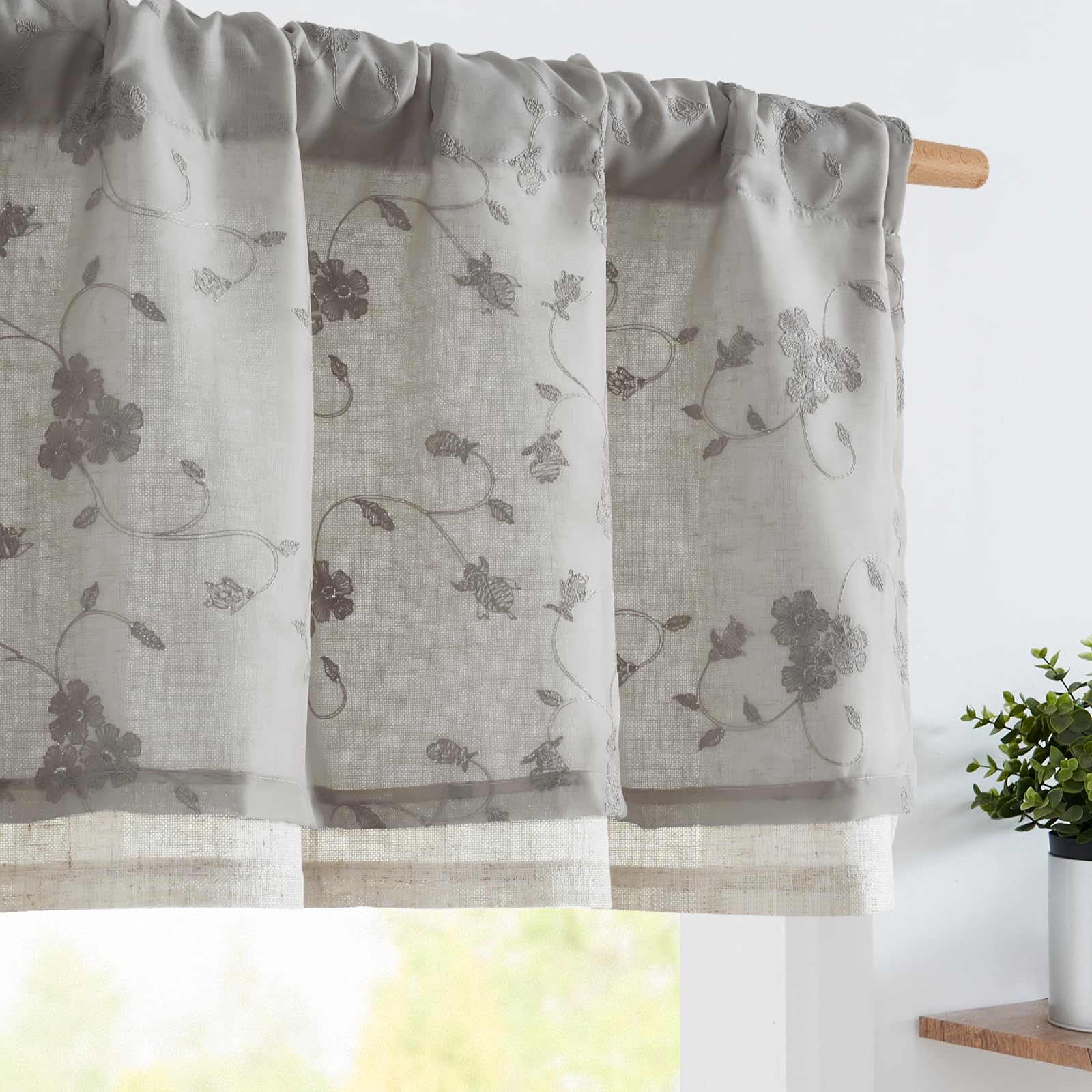 jinchan Sheer Valance for Window Grey Floral Embroidered Valance Light Filtering Gray Voile Window Treatment for Living Room Kit