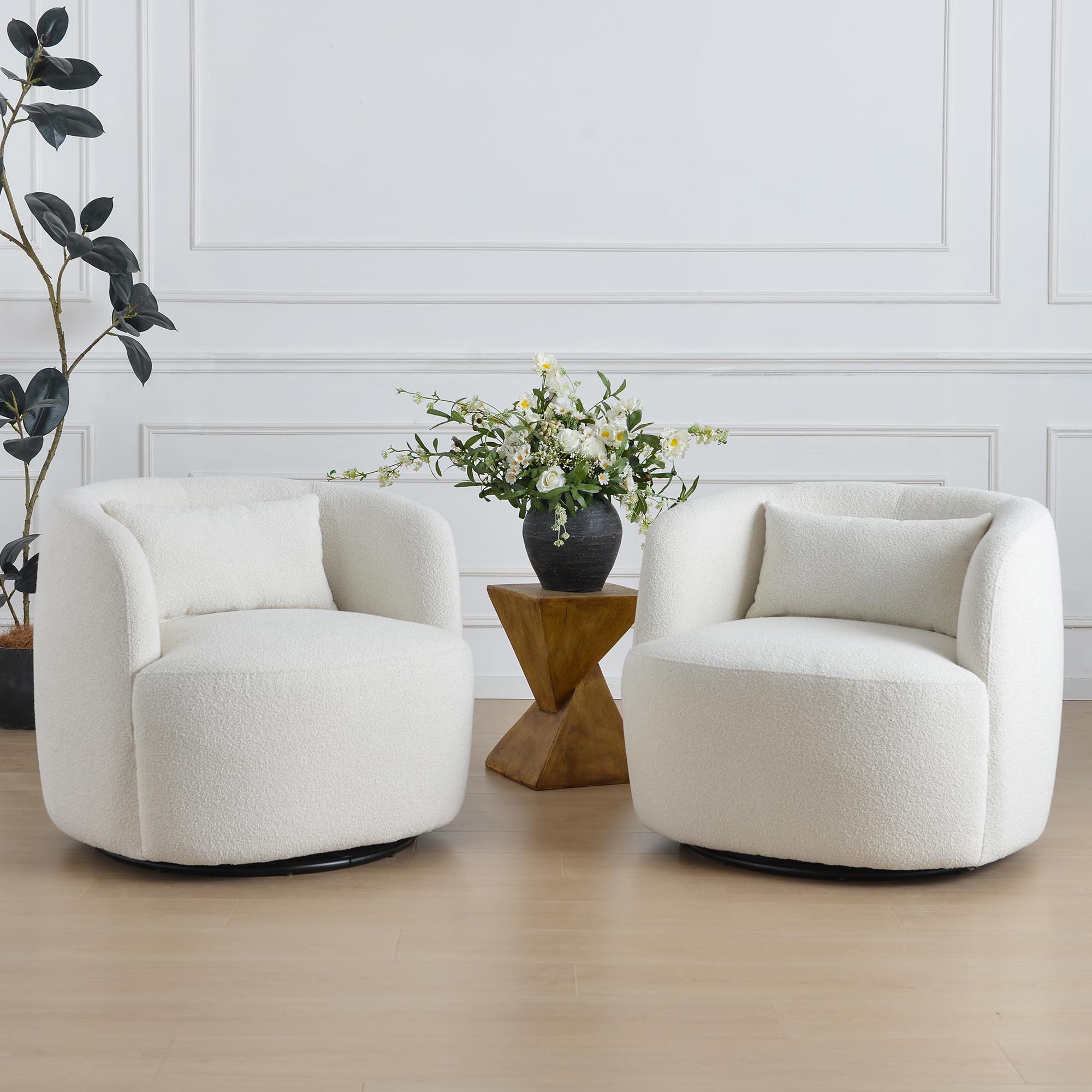 KINWELL 34 Wide Sherpa Swivel Barrel Chairs Set of 2, No Assembly Round Boucle Upholstered Accent Chairs Armchairs Single Sofa C