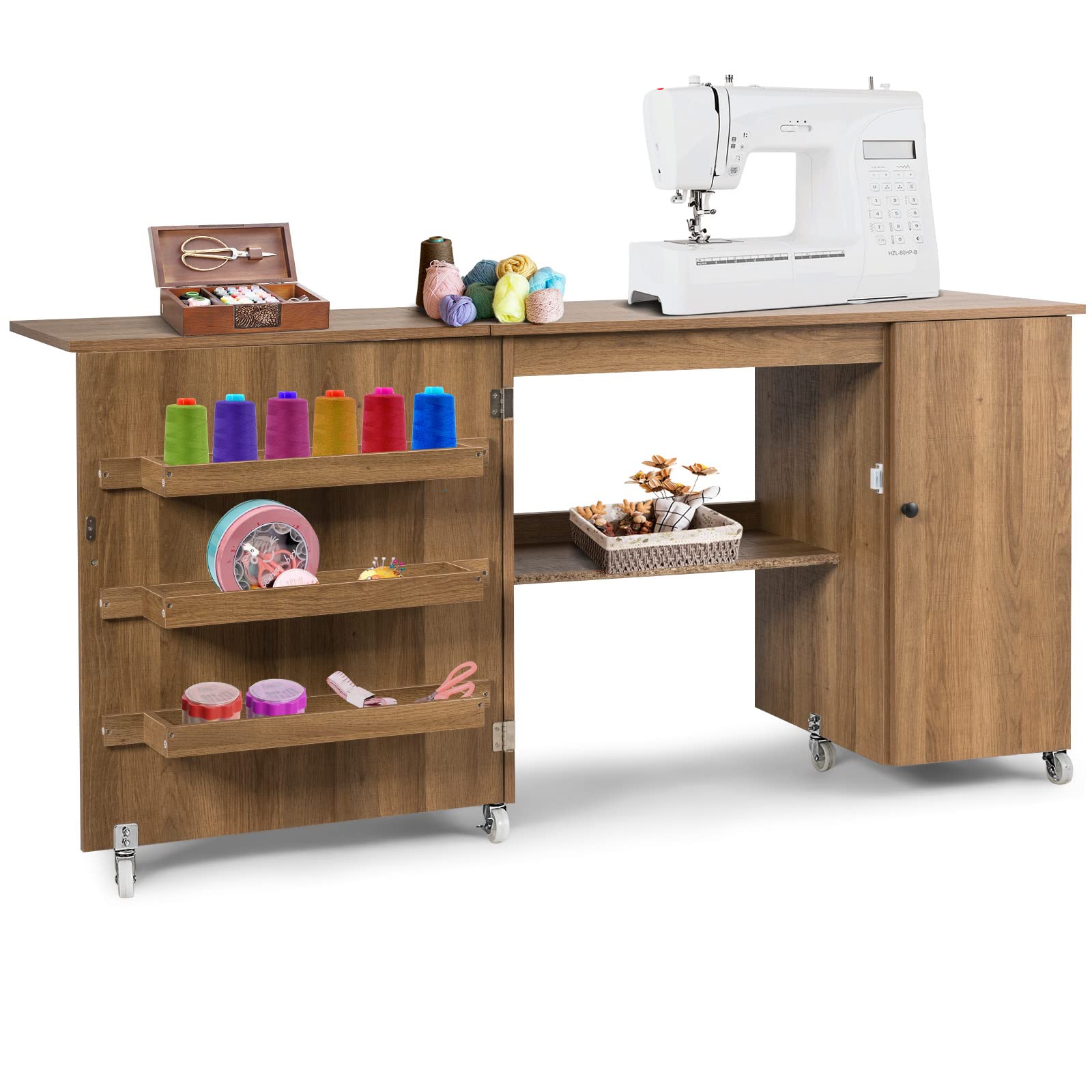 Giantex Folding Sewing Cabinet with 3 Storage Bins, Side Cabinet, Interior Shelf, Rolling Sewing Machine Cabinet Craft Station D