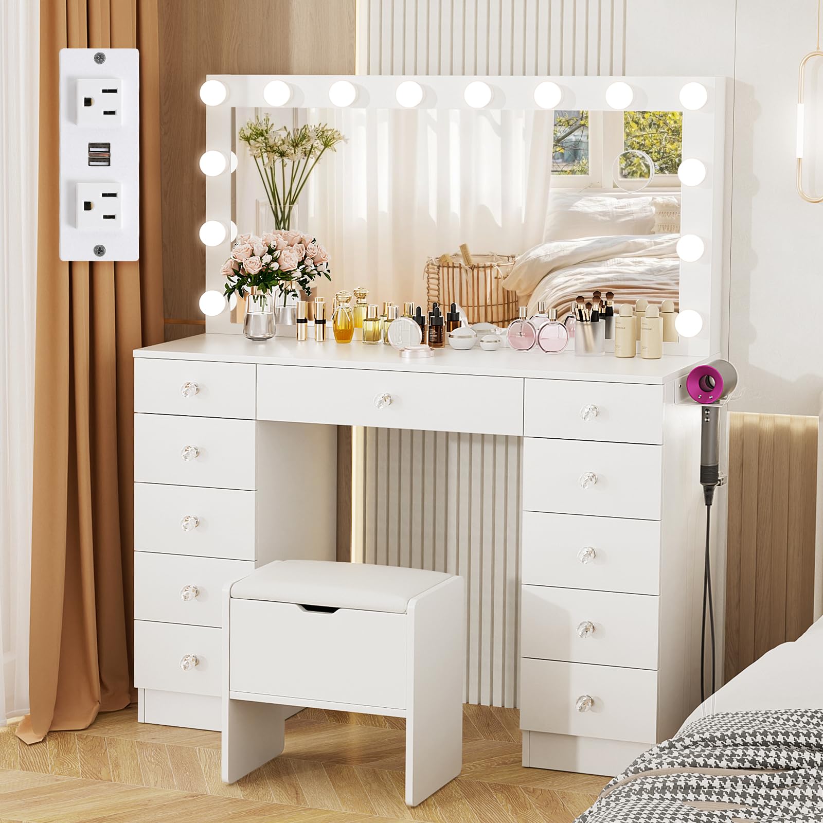 VOWNER Vanity with Lighted Mirror - Makeup Vanity Desk with 11 Drawers and Outlet, 3 Color Lighting Modes Adjustable Brightness,