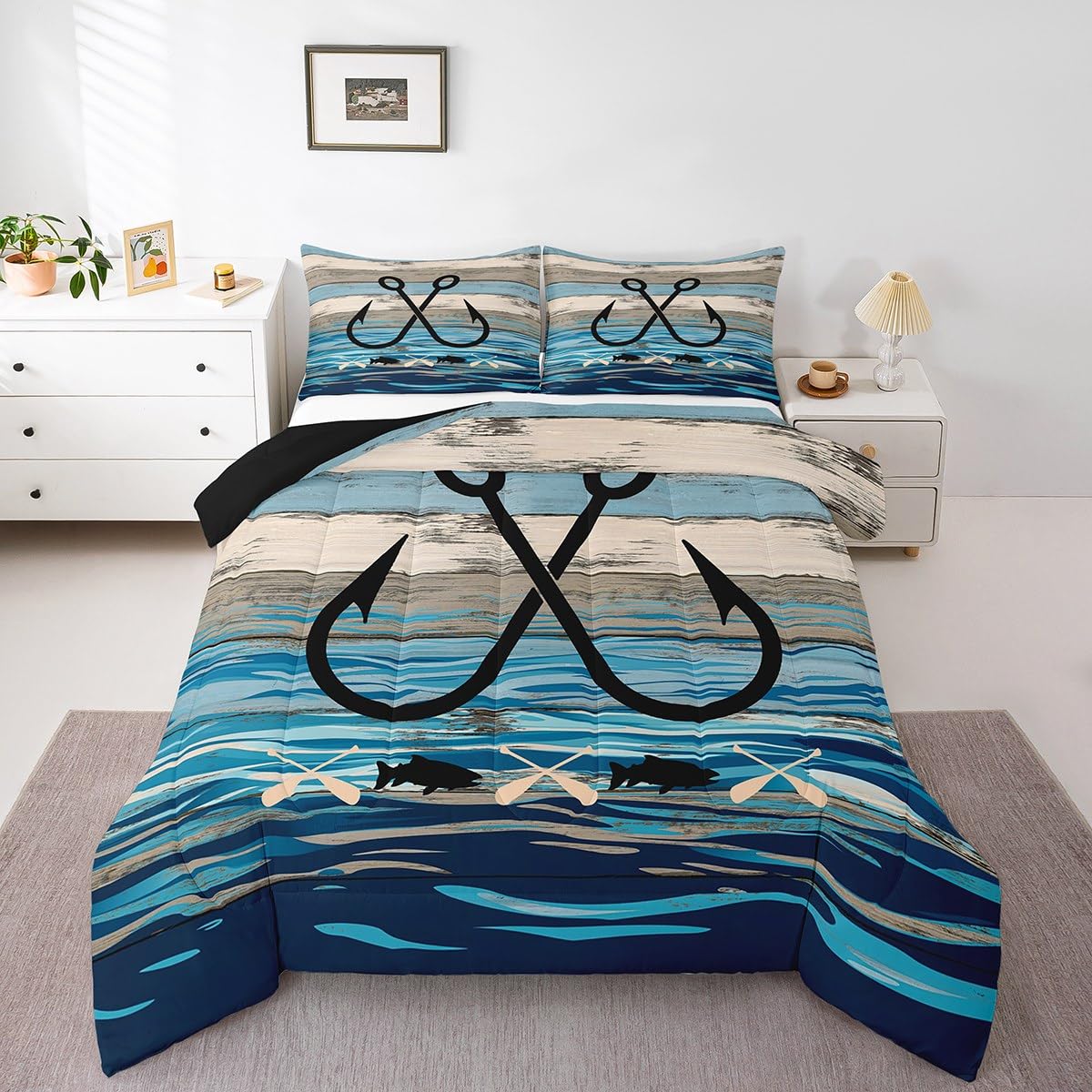 Feelyou Fishing Hook Bedding Set Full Size, Kids Toddler Lake House Comforter Set Boys Girls Rustic Farmhouse Bedding Set Nautic