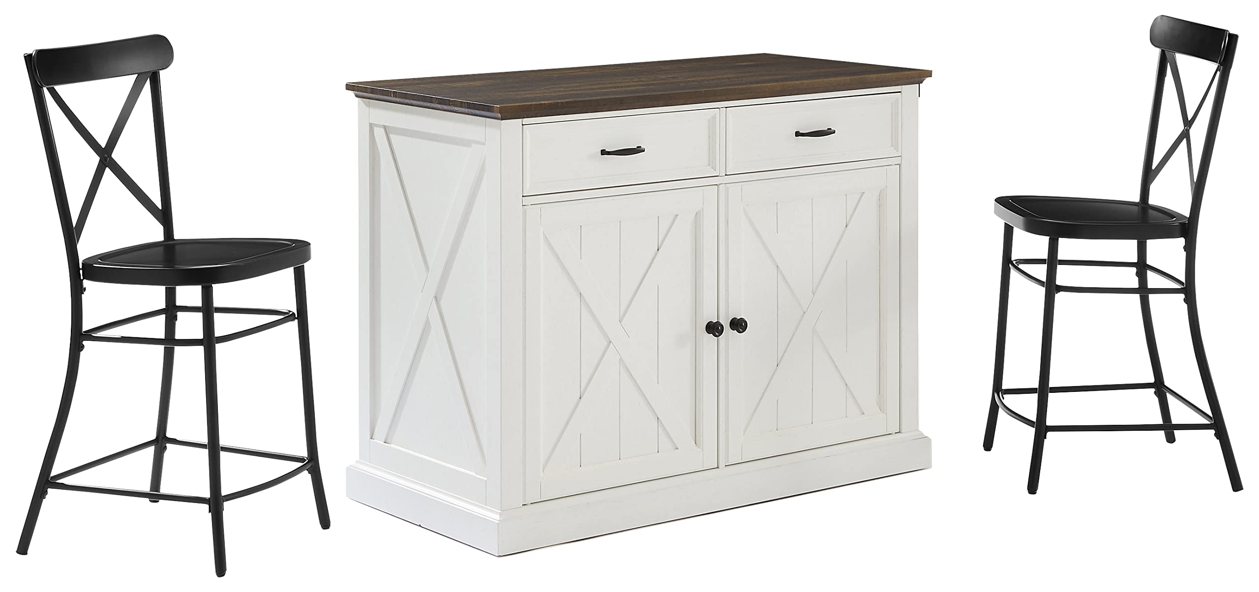 Crosley Furniture Clifton Kitchen Storage Island, Microwave Stand, Coffee Bar and Set of 2 Camille Stools, Distressed White/Blac