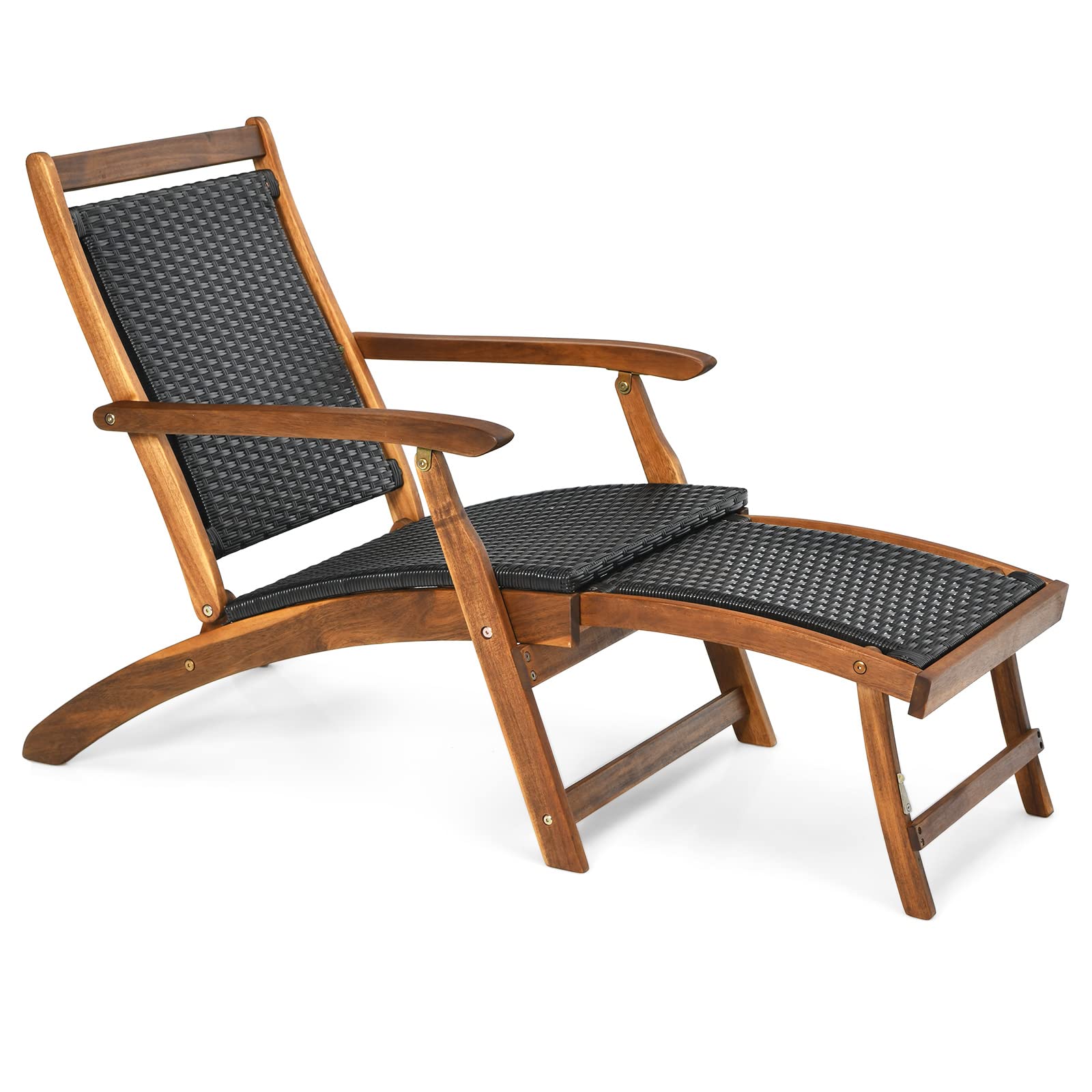 HAPPYGRILL Acacia Wood Chaise Lounge With Retractable Footrest - Rattan Wicker Folding Collapsible Chair for Poolside, Patio, Ga
