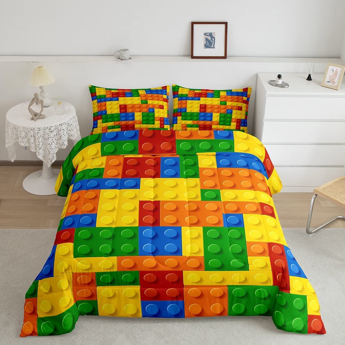 Feelyou Games Comforter Set Twin Size Building Blocks Bedding Set for Kids Boys Girls Colorful Geometric Toy Brick Comforter Gam