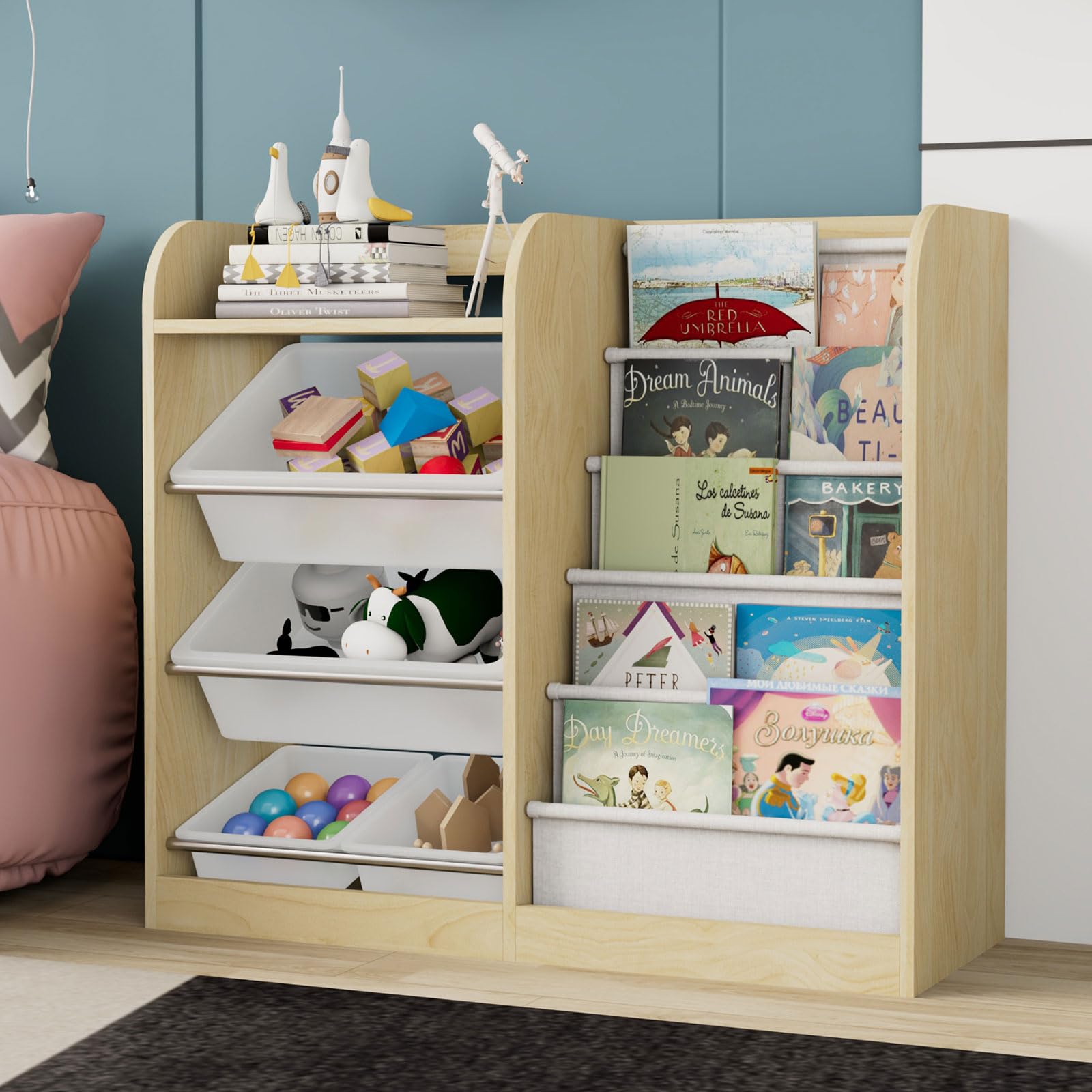 Natural Kids Wood Bookshelf Toy Storage Box Organizer Shelf W/4 Removable Plastic Toy Bins Children Bookcase Toddler Baby Sling 