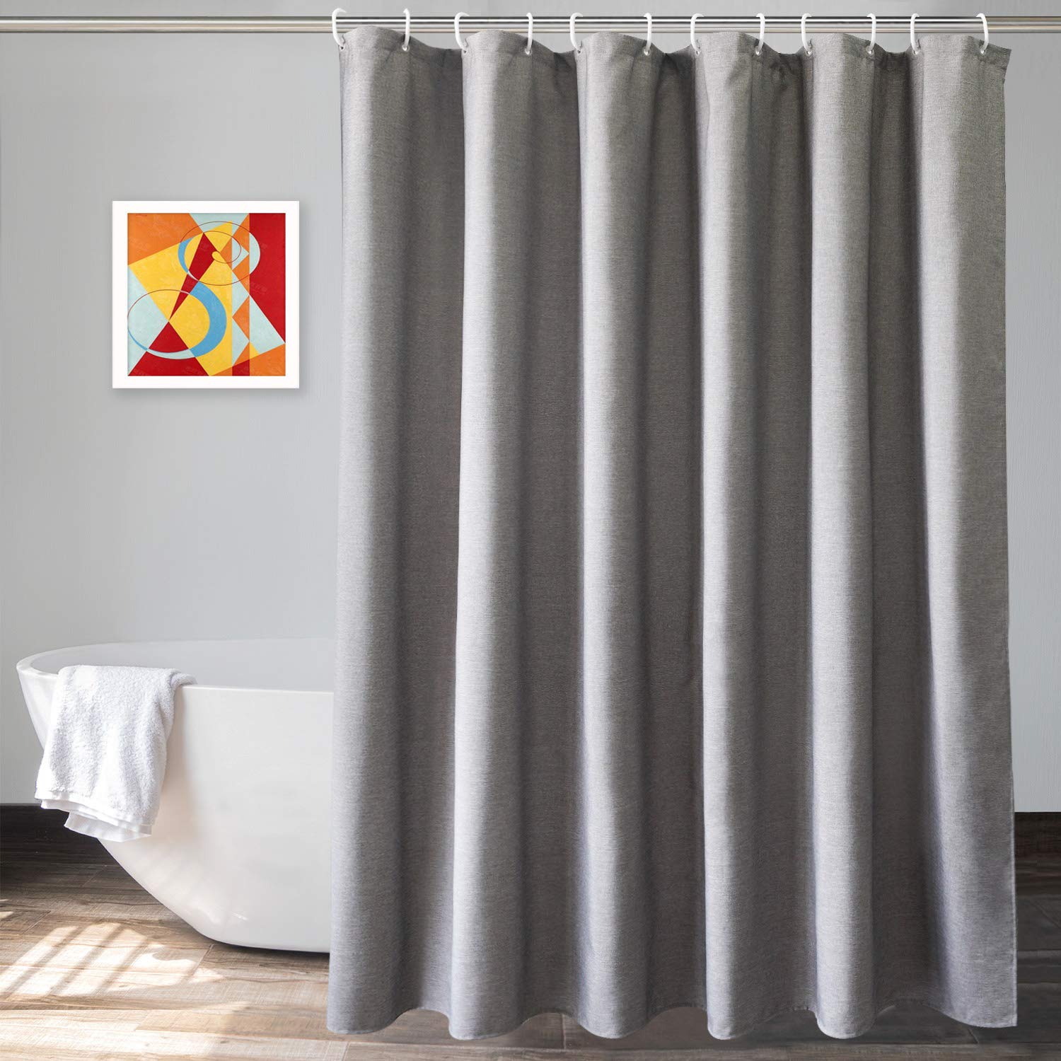 UFRIDAY Heavy Duty Linen-Like Shower Curtain, Bath Curtain with Weighted Hem, Waterproof, 72Wx75L, Grey