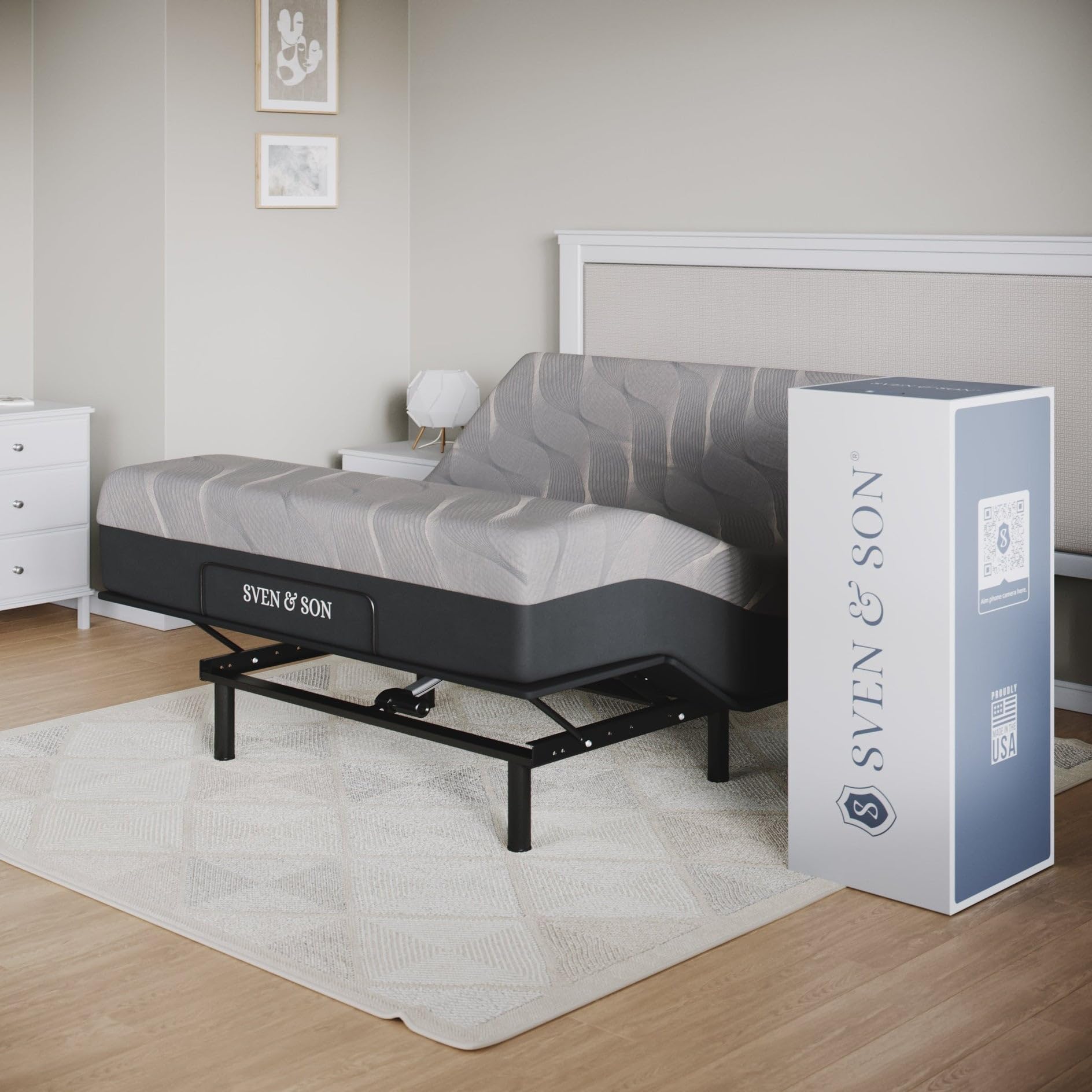 Sven & Son Essential Adjustable Bed Base (Frame) + 14 inch Hybrid Spring Matt (Medium Soft), Easy Assembly, Head and Foot Lift, 