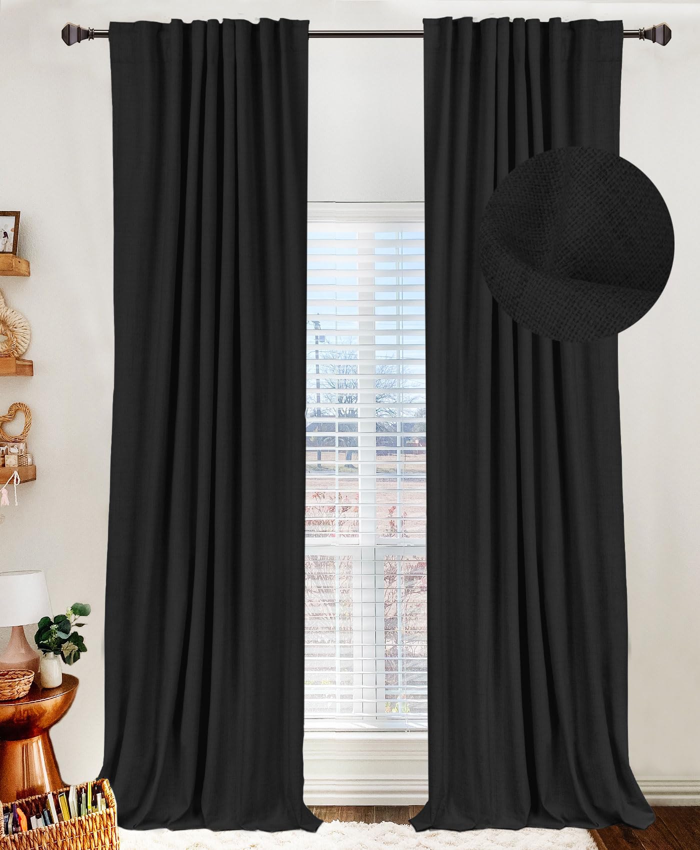 100% Blackout Shield Linen Blackout Curtains for Bedroom 84 Inches Long,Back Tab/Rod Pocket Living Room Drapes,Thermal Insulated