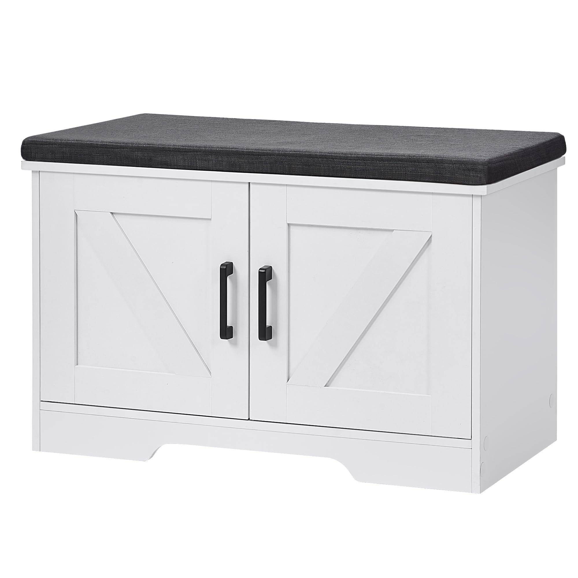 HOMSHO 2-Tier Storage Bench,Shoe Bench with Padded Seat Cushion, Entryway Bench with 2 Barn Doors,Adjustable Shelf, 27.6 L x 13.