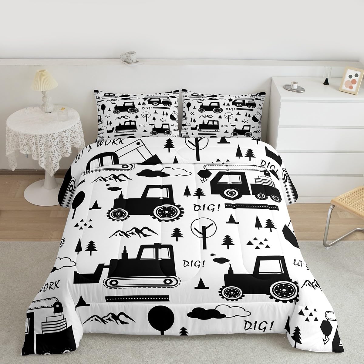 Feelyou Construction Bedding Set King Size Equipment Trucks Comforter Set for Kids Boys Girls Decor Cartoon Car Excavator Tracto
