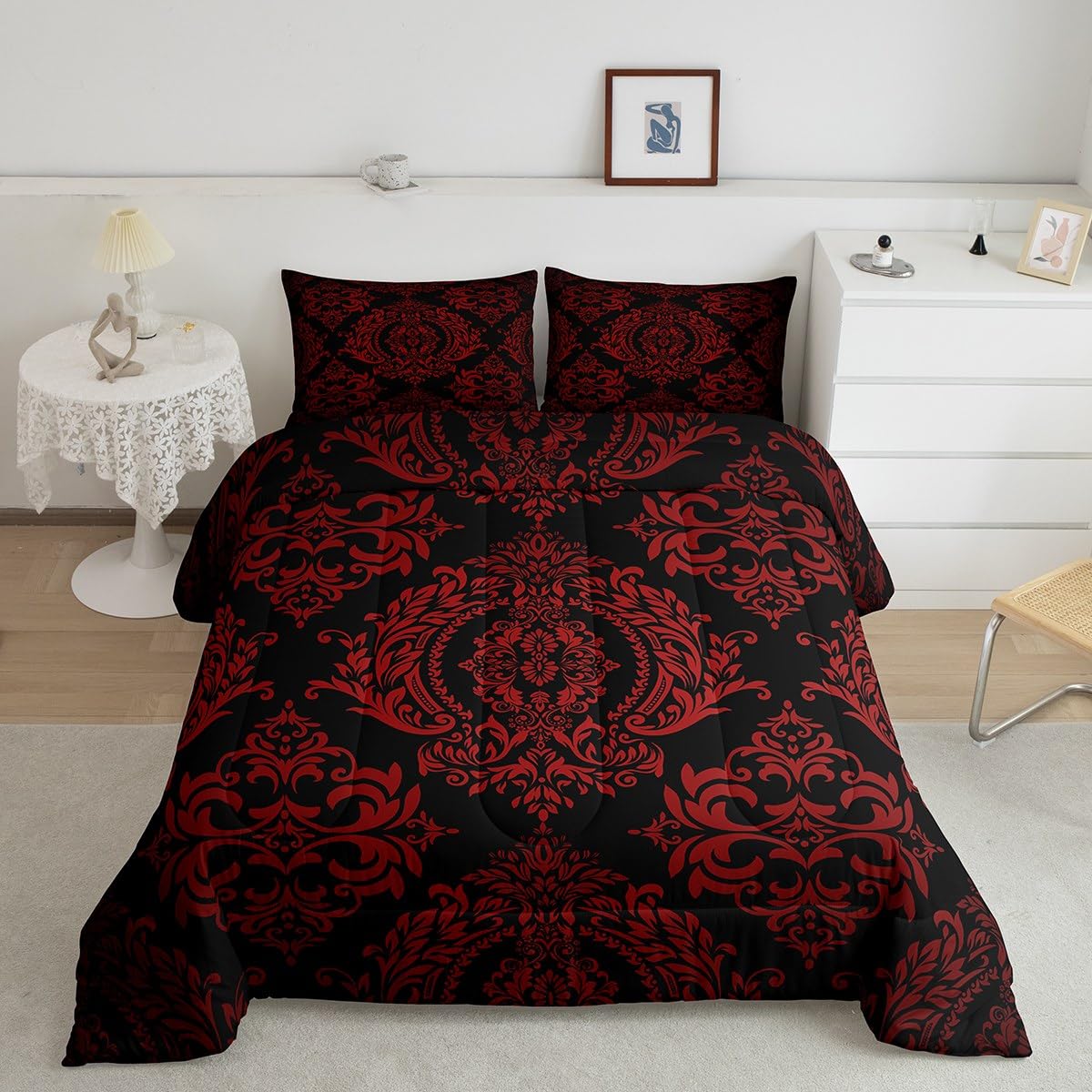 Feelyou Adults Red Vintage Damask Floral Comforter Set Oriental Antique Comforter Twin Size Gothic Bohemia Boho Flower Bedding S