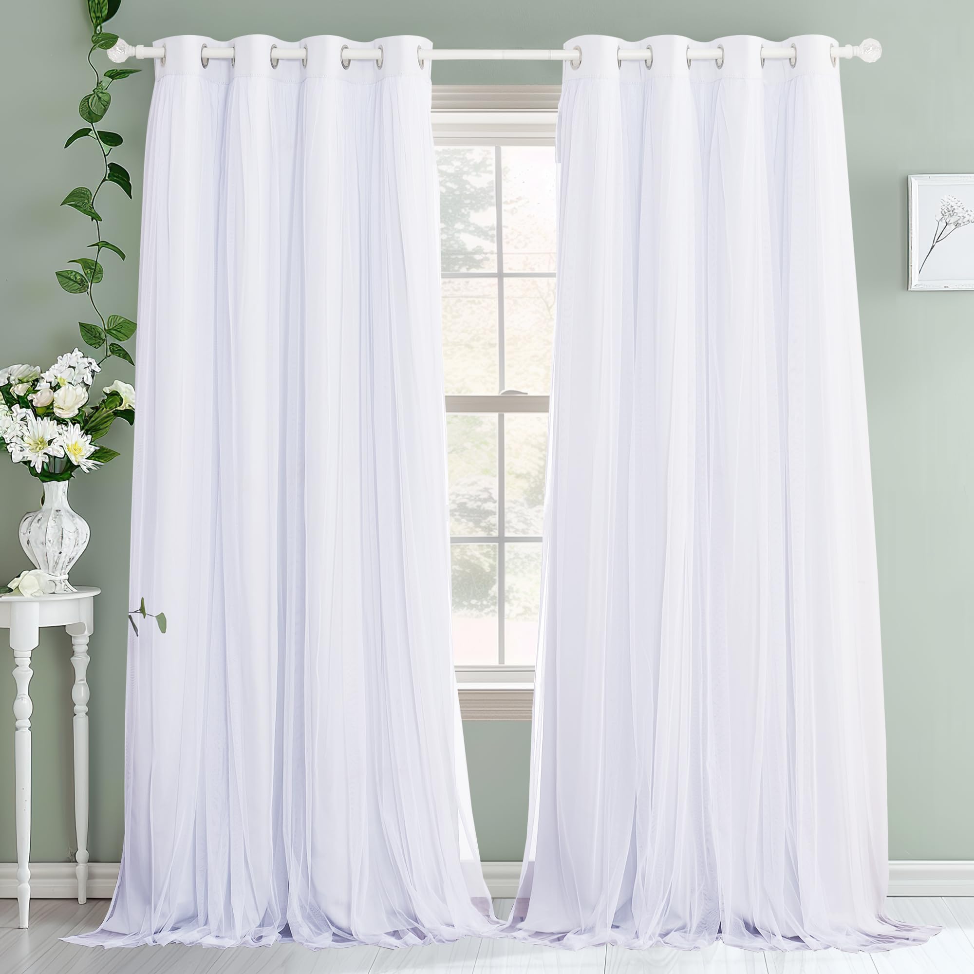 PONY DANCE White 95 inch Sheer Curtains - Double-Layered Blackout Curtains Set Sheer Overlay Solid Room Darkening Panels for Liv