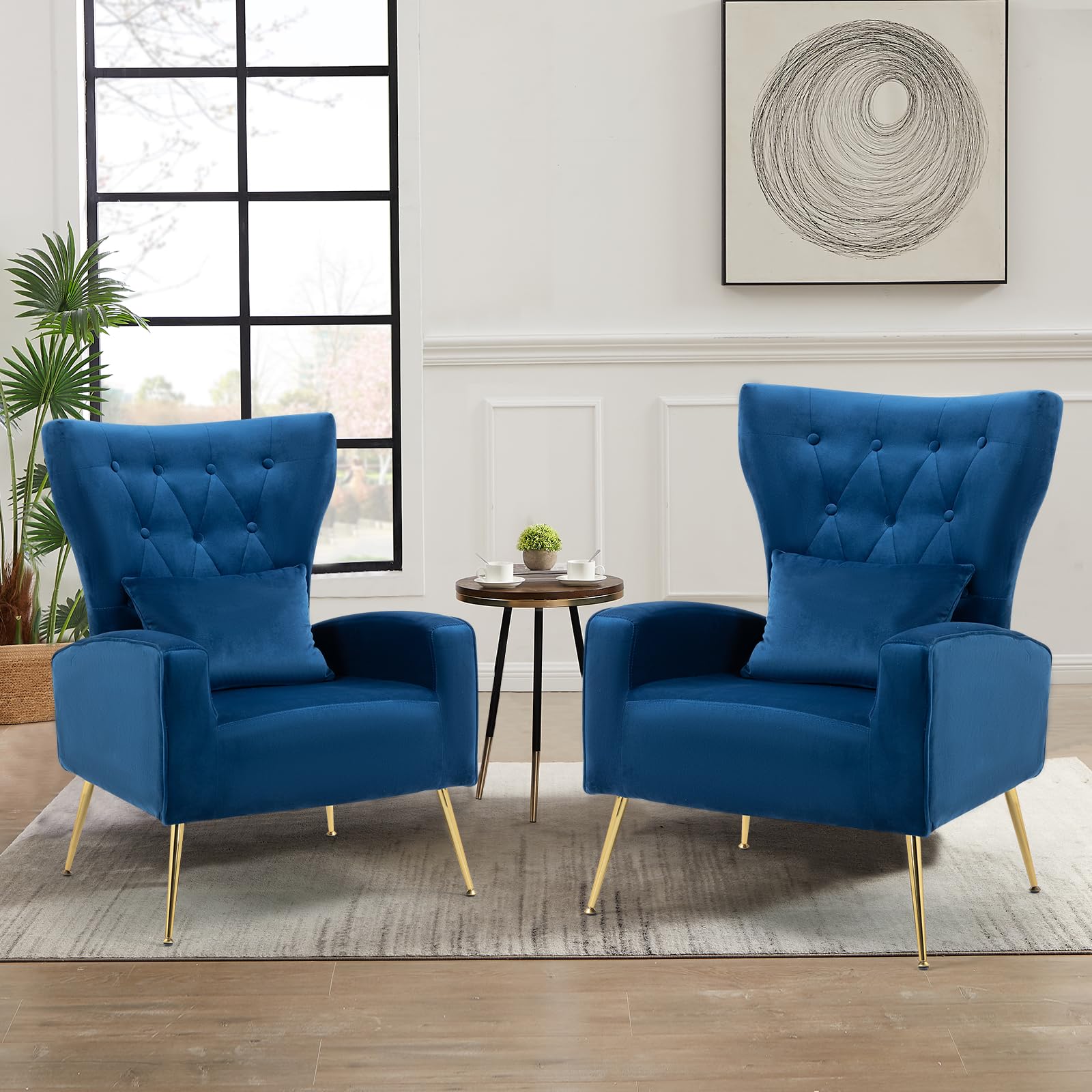 ZJhome Button-Tufted Living Room Chairs Set of 2, WingBack Velvet Accent Chair Armchair with Lumbar Pillow, Bedroom Chairs Vanit