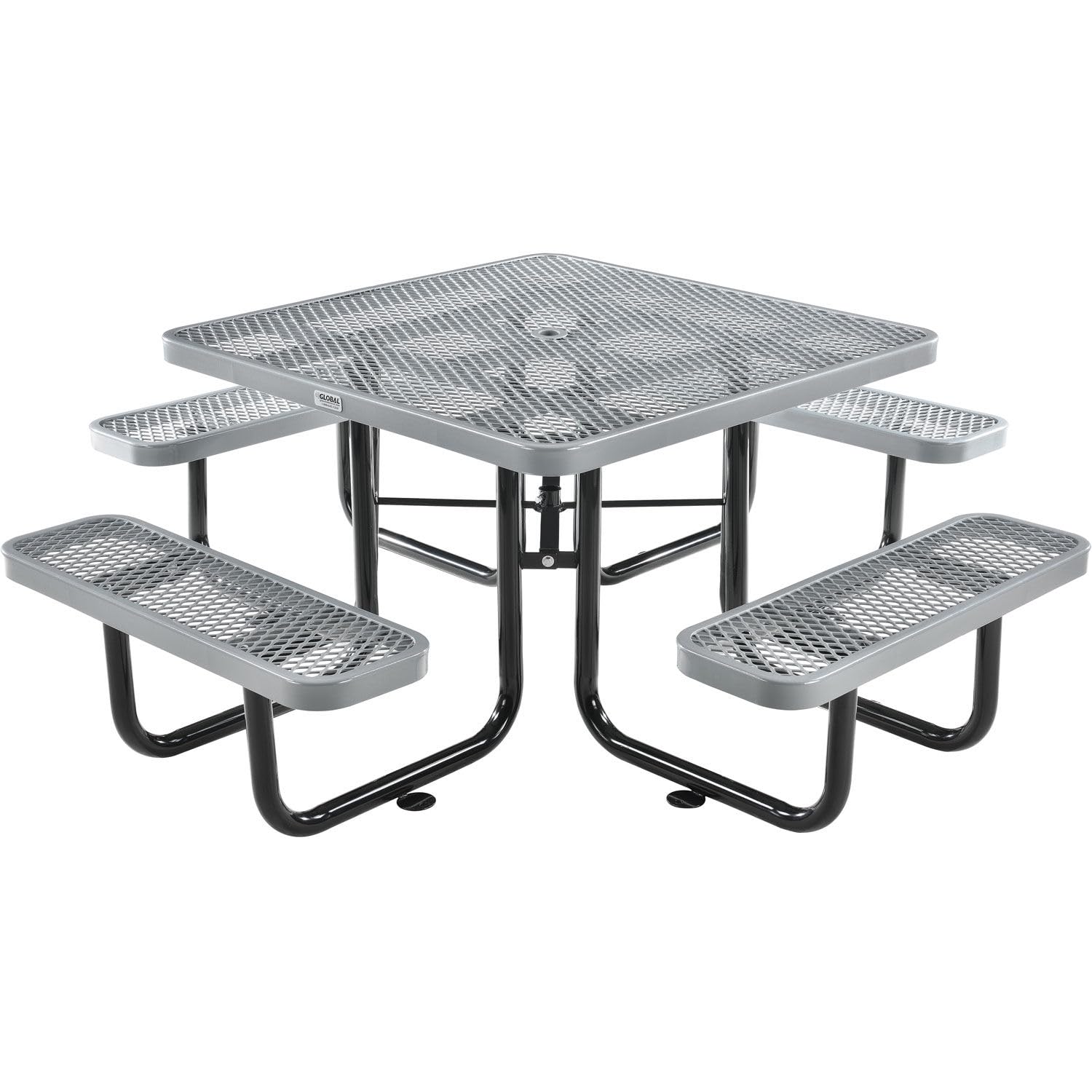 Global Industrial 46 Square Picnic Table, Expanded Metal, Gray Thermoplastic Coating, Attached Benches, 1-1/2    Umbrella Pole H
