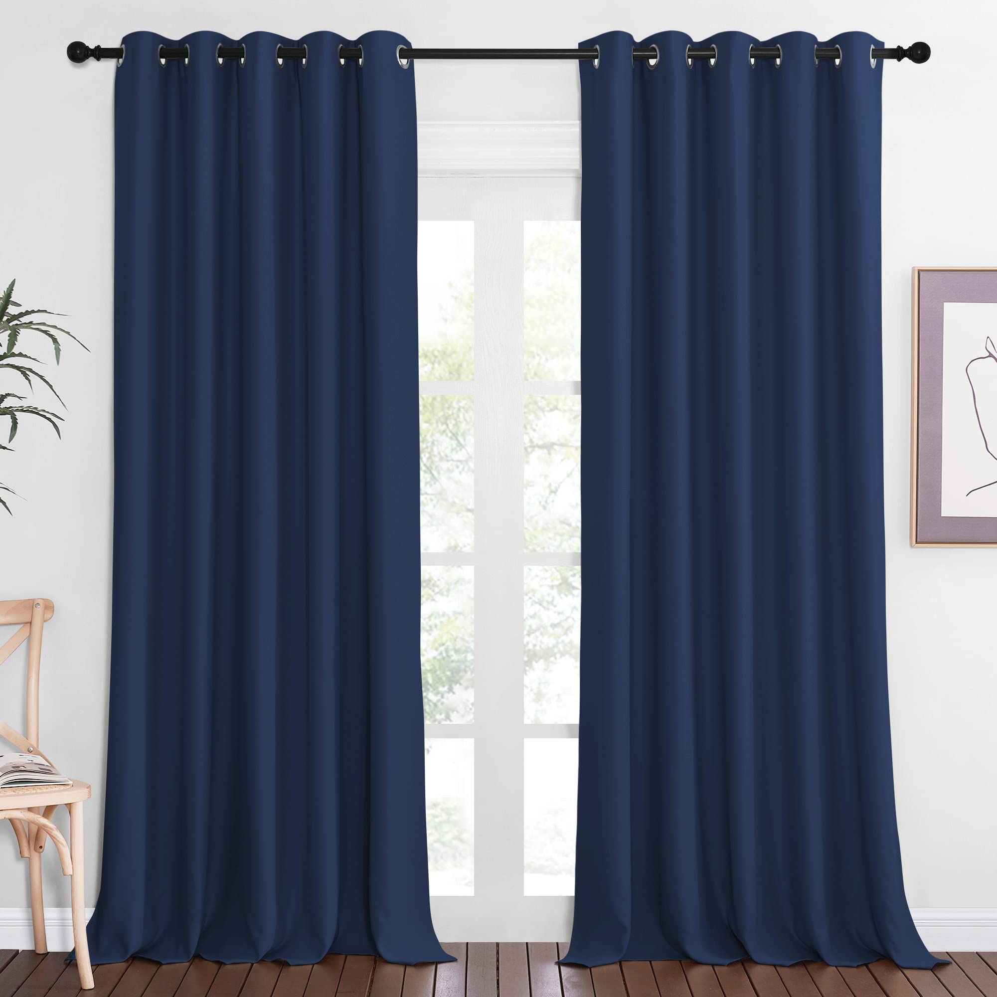 NICETOWN Blackout Navy Blue Bedroom Curtain 118 inches Long, Grommet Thermal Insulated Room Divider Drape Solid Window Treatment