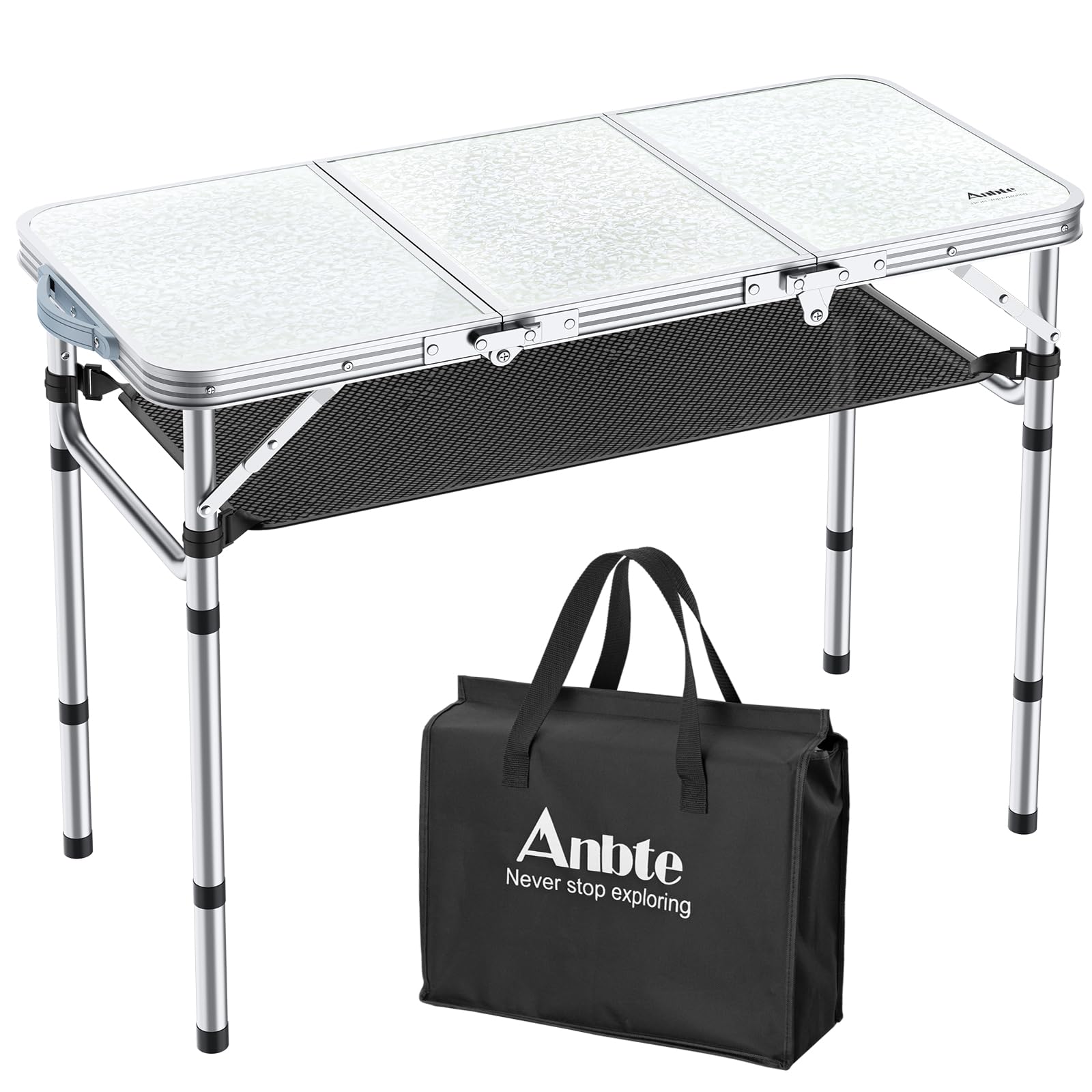 Anbte Folding Camping Table with Storage Net, 3ft Camping Table Aluminum Folding Table with 3 Adjustable Height Max 27.1 Inch, P