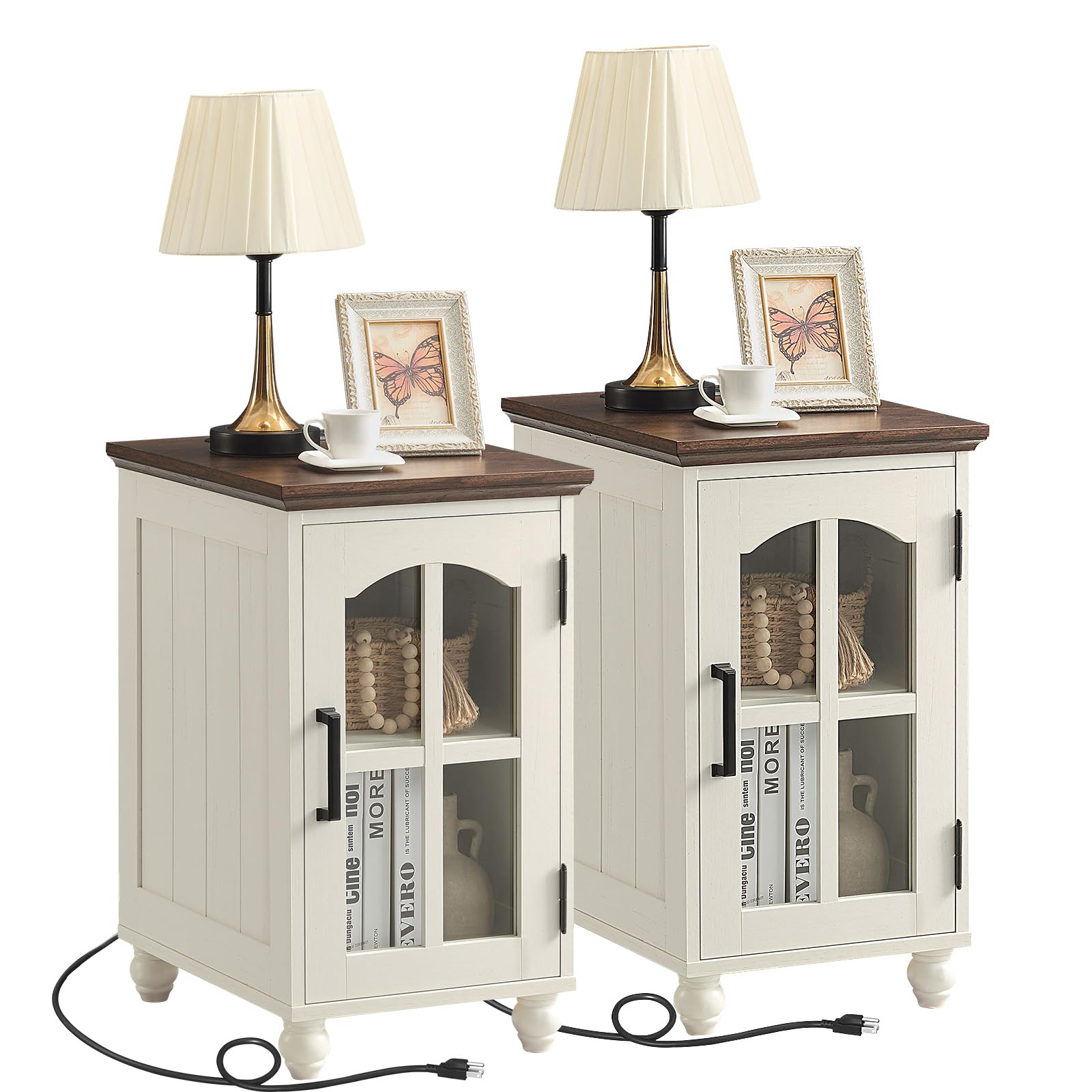 Narrow Side Table Set of 2,White Nightstand with Charging Station,End Table with Glass Barn Door Storage, Cabinet Organizer with