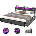 Homieasy King Size Bed Frame with 4 Storage Drawers and Charging Station, Sturdy Platform Bed with Storage Headboard and LED Lig