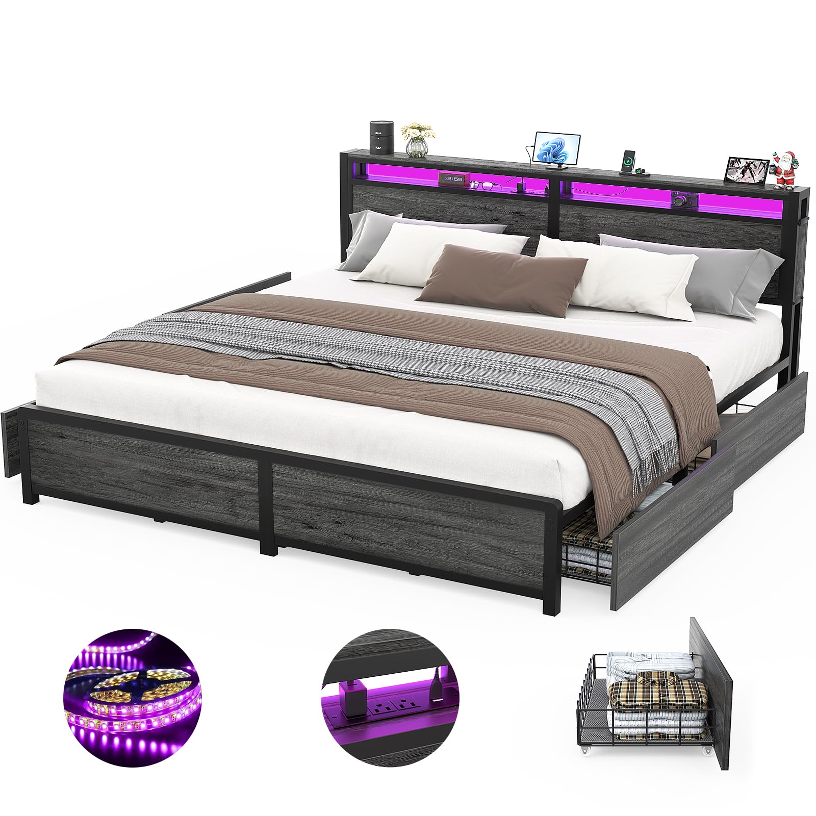Homieasy King Size Bed Frame with 4 Storage Drawers and Charging Station, Sturdy Platform Bed with Storage Headboard and LED Lig