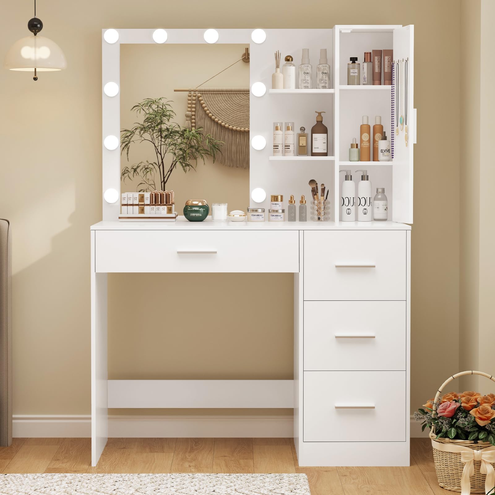 usikey Makeup Vanity with Lights, Vanity Desk with Mirror and 10 LED Lights, Vanity Table Set with 4 Drawers, Cabinet & 4 Neckla