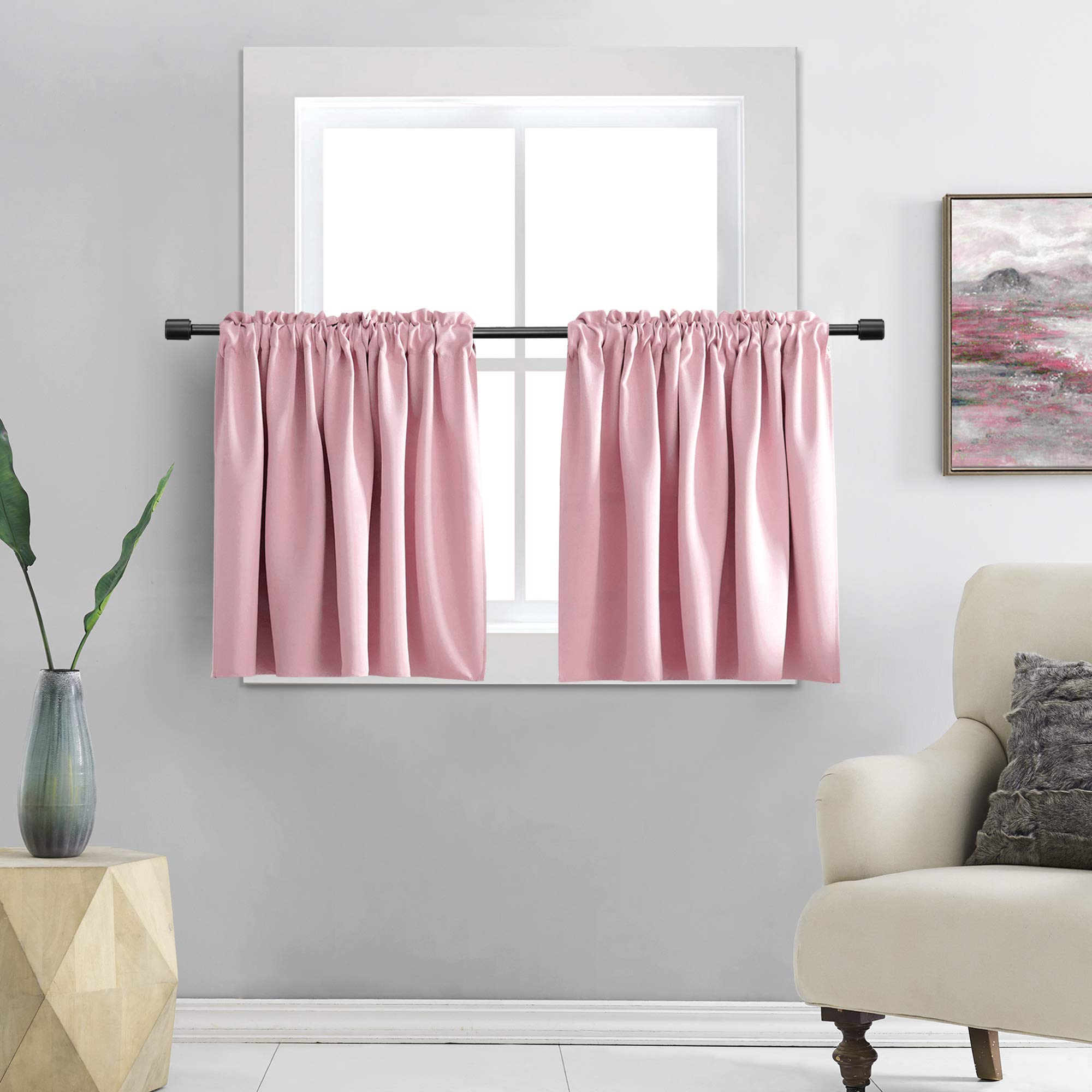 DONREN Pink Short Curtains for Girls Room -Rod Pocket Solid Blackout Curtain Tiers for Kids Room (42 Inch x 24 Inch,2 Panels)