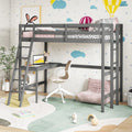KOMFOTT Twin Loft Bed with Desk, Solid Wood Loft Bed Frame with 2 Ladders, Safety Guardrail for Teenagers and Adults, Space-Savi