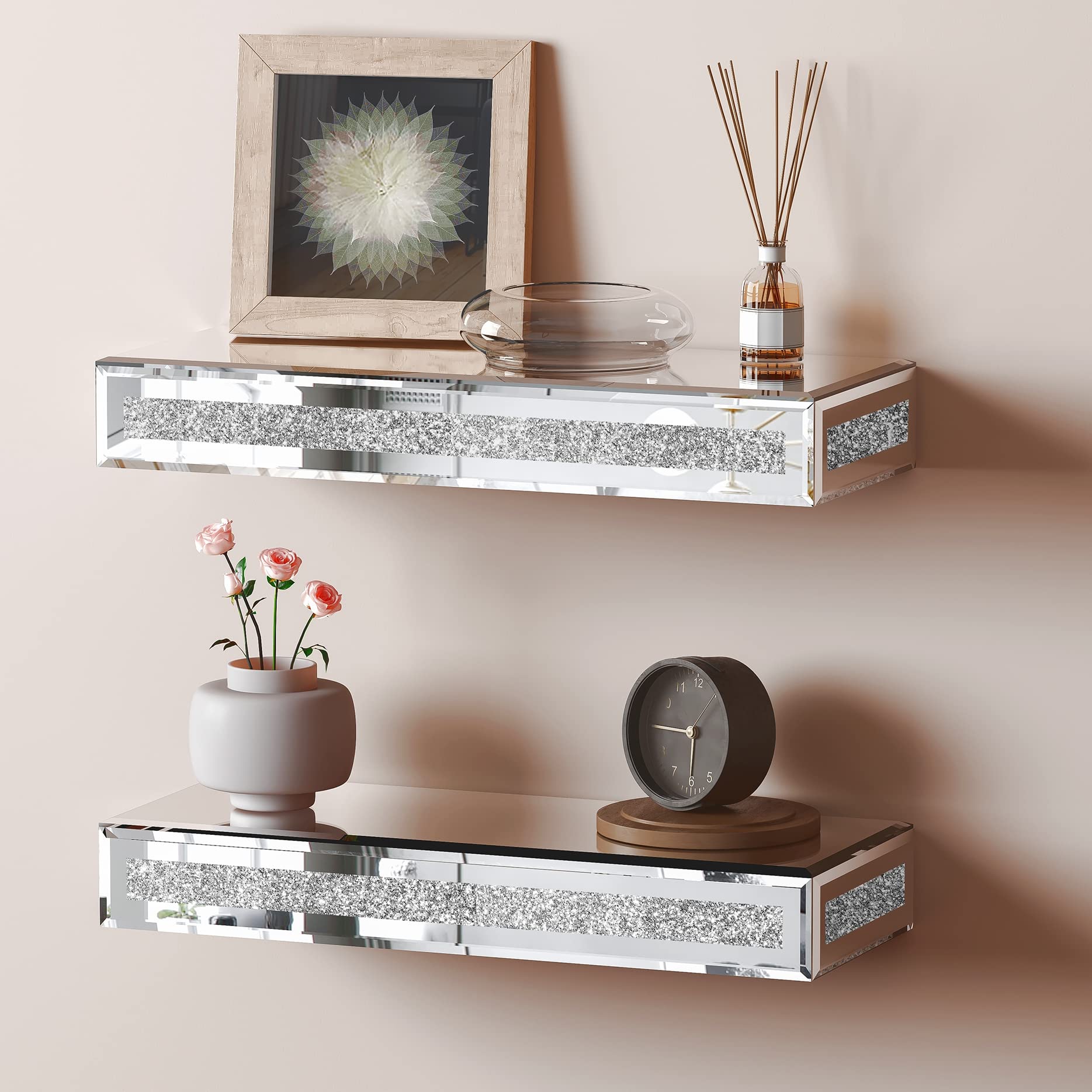 SHYFOY Mirrored Floating Shelves for Wall Decor Storage, Glitter Glass Wall Mounted Shelves for Bedroom, Living Room, Bathroom, 