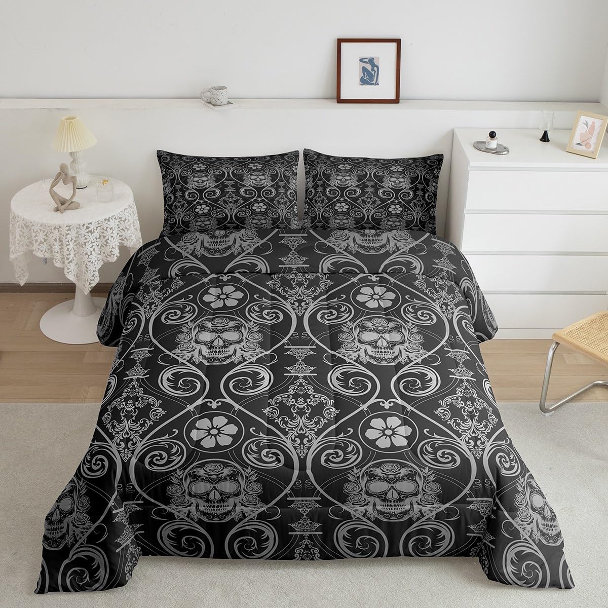Feelyou Adults Grey Vintage Damask Floral Comforter Set Oriental Antique Comforter King Size Exotic Sugar Skull Rose Bedding Set