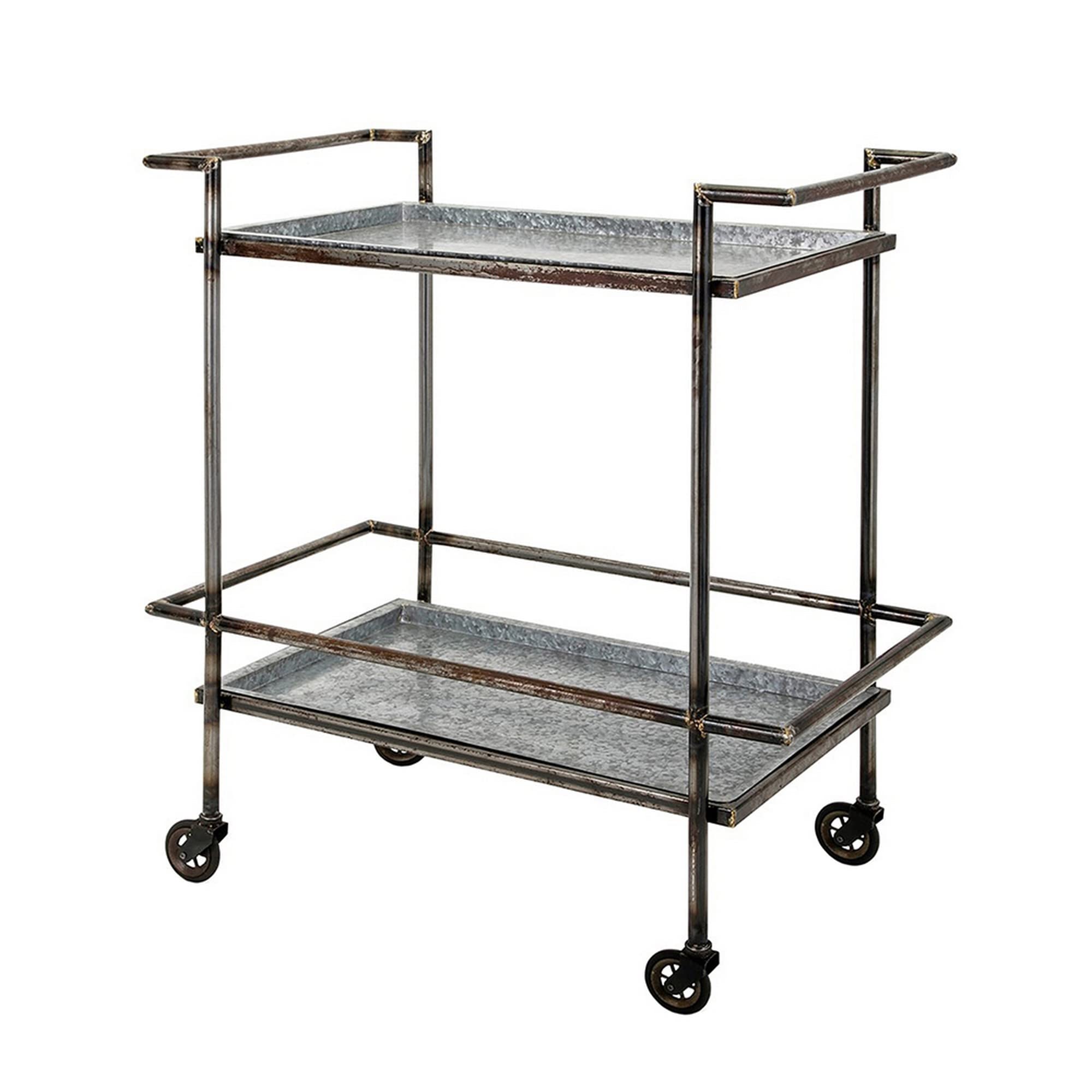Benjara 35 Inch 2 Tier Bar Cart, Industrial Style, Caster Wheels, Bronze