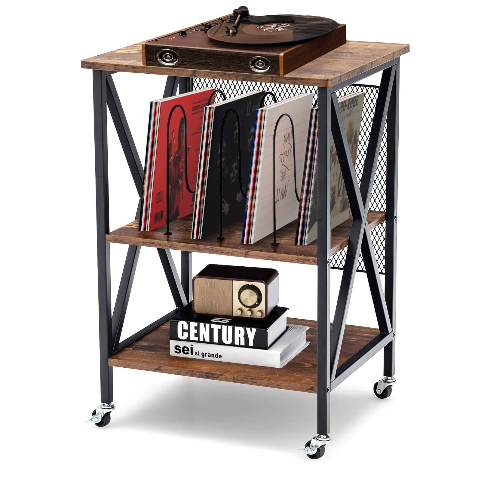 Tangkula Record Player Stand, 3 Tier Rolling Turntable Stand w/3 Dividers for Albums, Rustic Vinyl Record Holder for Living Room