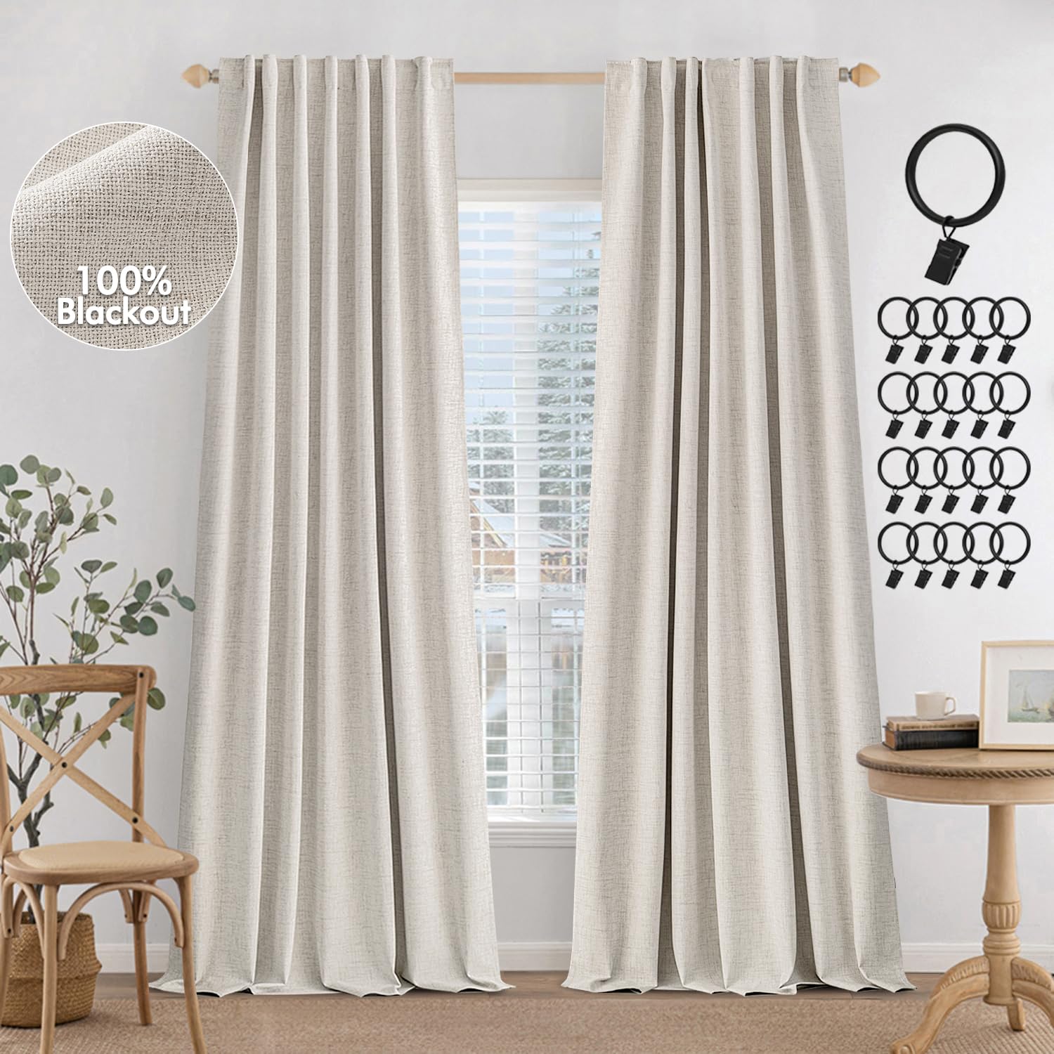 MIULEE 100% Blackout Curtains 96 inches Long, Linen Curtains for Bedroom Living Black Out Window Treatments Thermal Insulated Ro