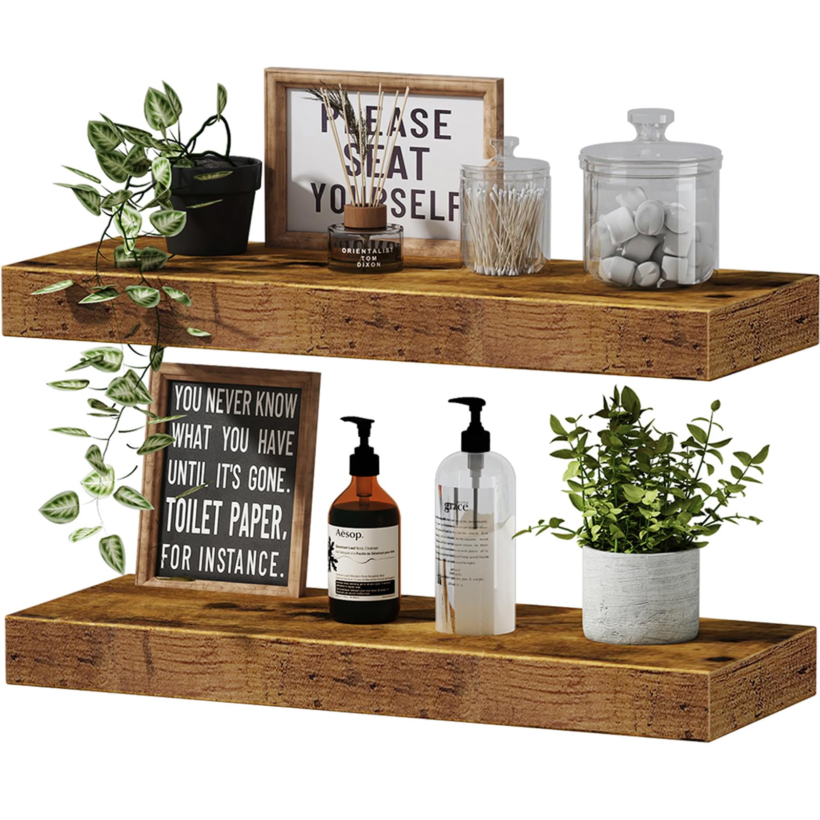 QEEIG Floating Shelves for Wall Bathroom Shelf Bedroom Kitchen Farmhouse Small Book Shelf 16 inch Set of 2, Rustic Brown (015-BN