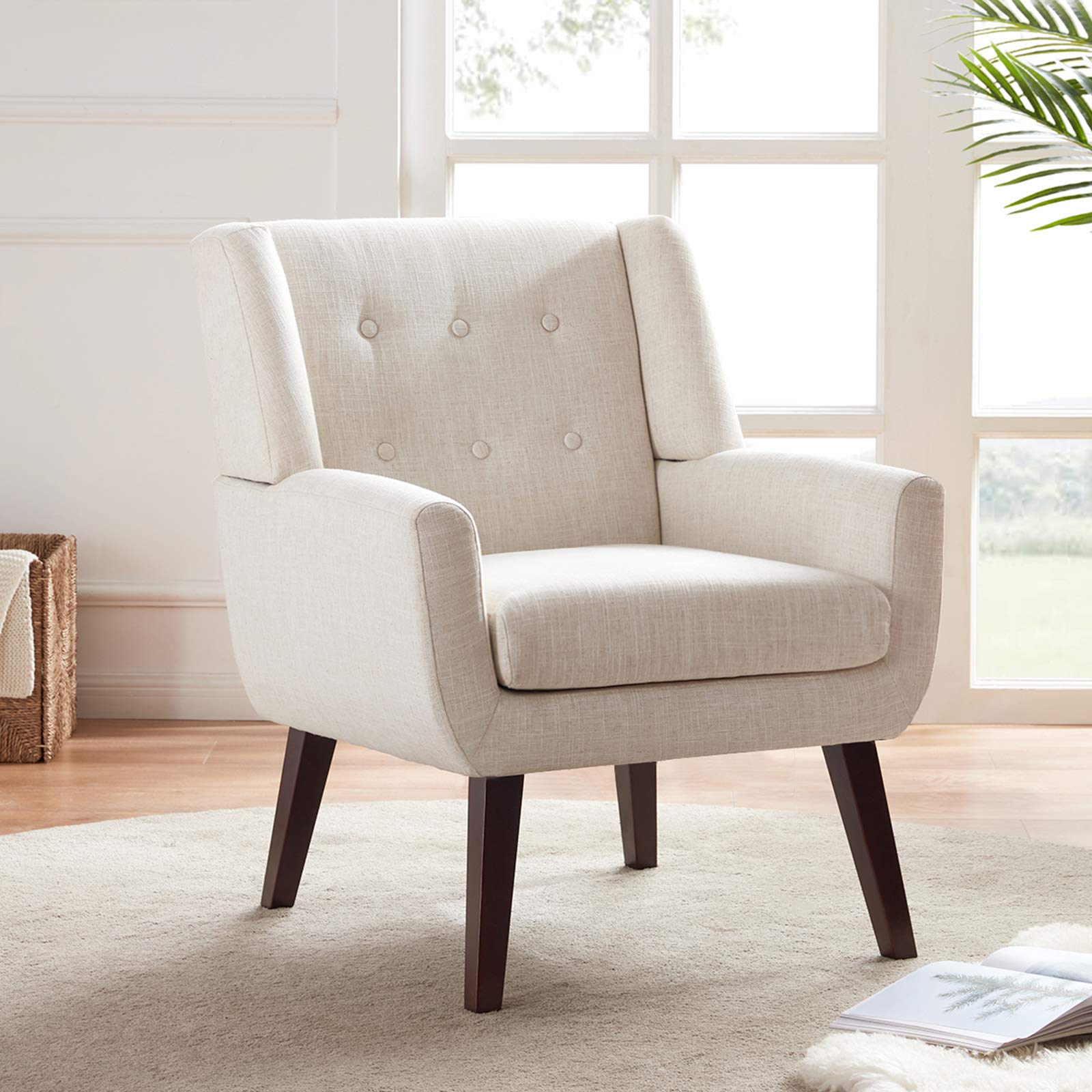 HUIMO Accent Chair, Upholstered Button Tufted Armchair, Linen Fabric Sofa Chairs for Bedroom, Living Room, Mid-Century Modern Co