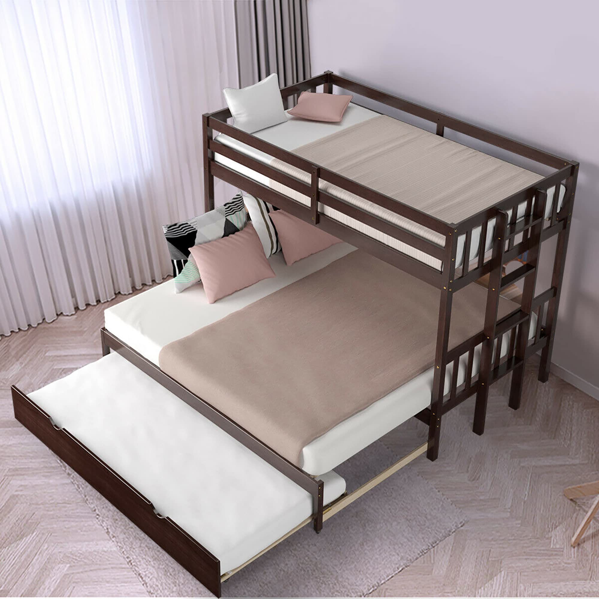 DORTALA Twin Over Twin Bunk Bed with Trundle, Wood Bunk Bed with Trundle Wooden Ladder, Safety High Guardrail, Solid Wood Frame,