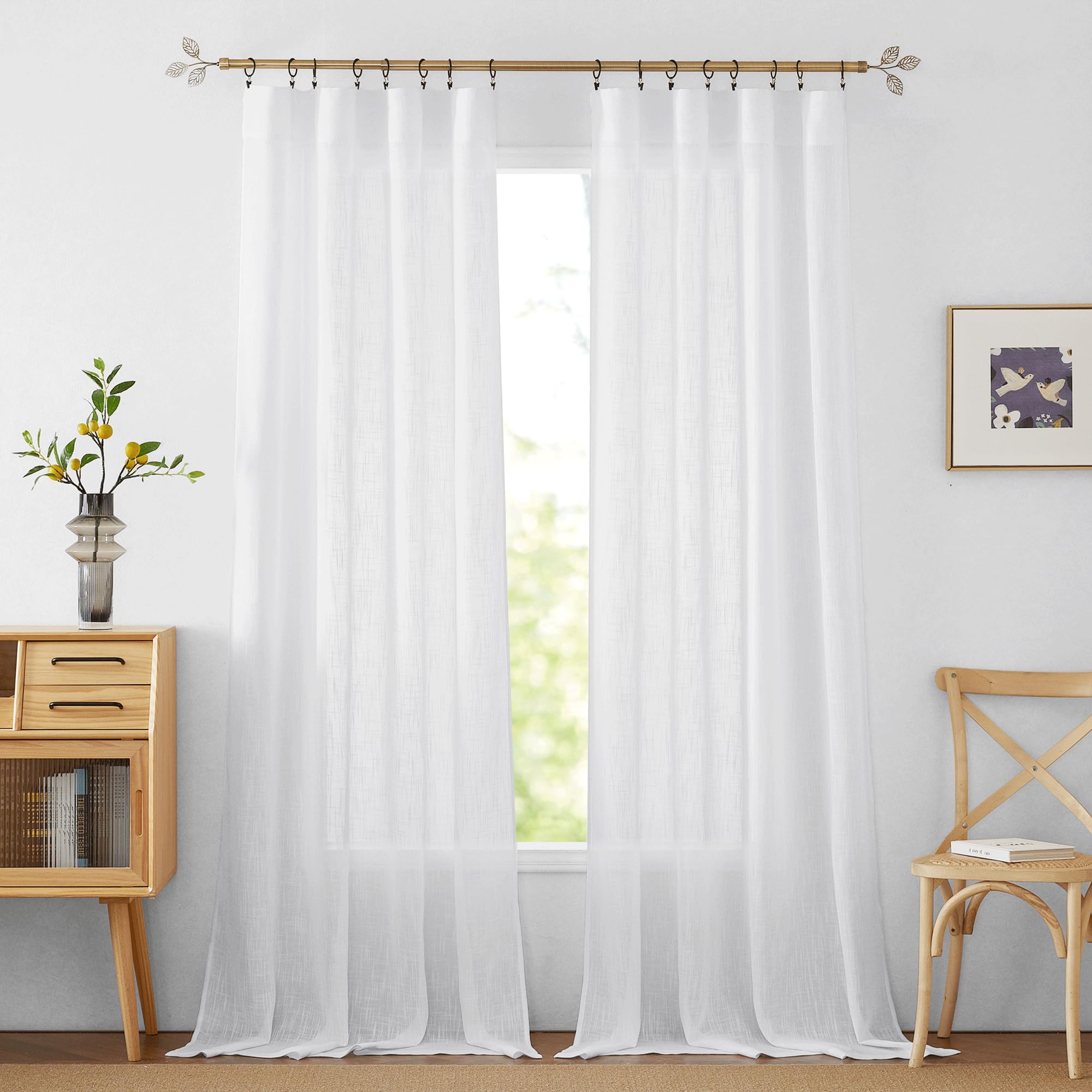 RYB HOME White Sheer Curtains for Living Room - Privacy Linen Fabric Semitransparent Farmhouse Country Curtains Light & Airy for