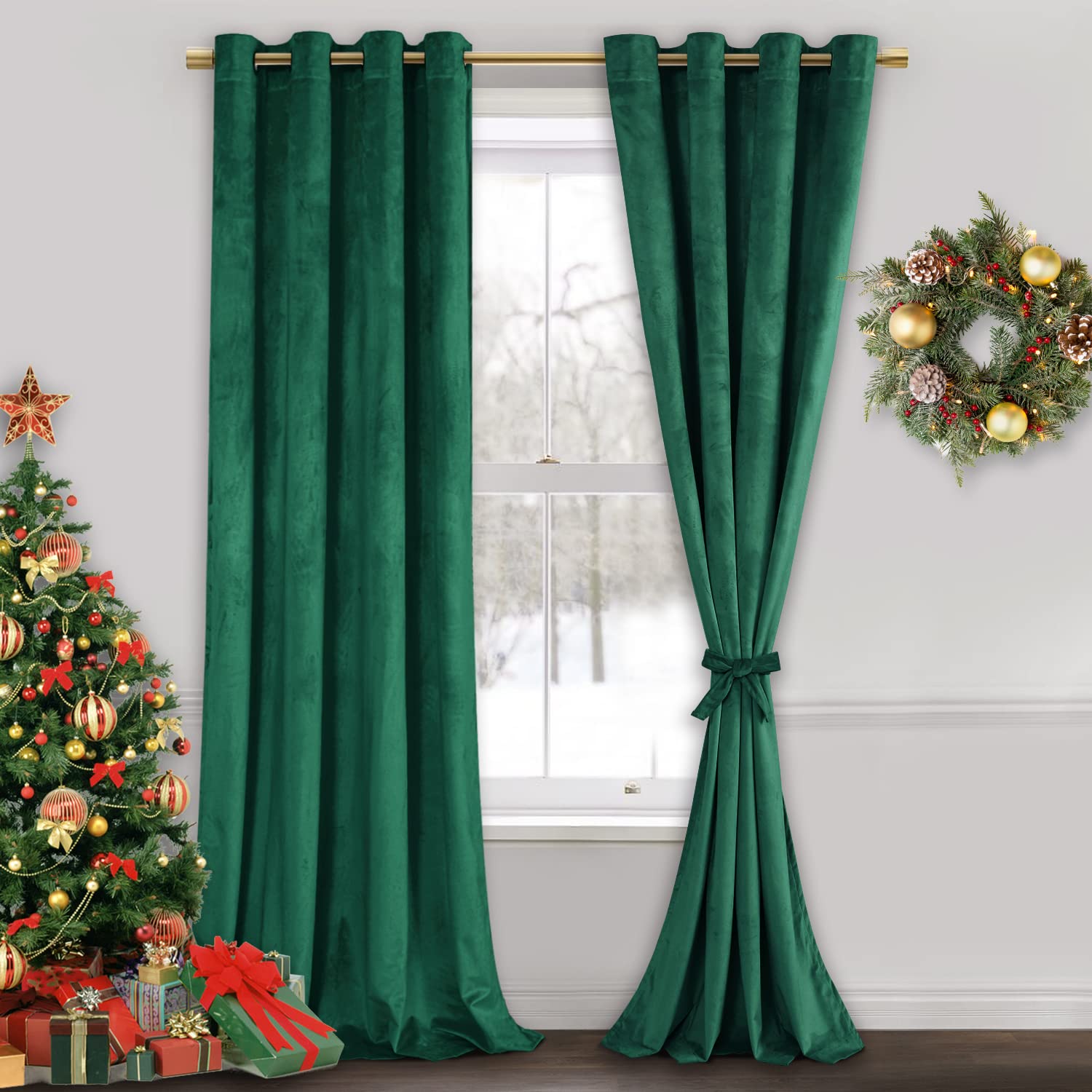 JIUZHEN Green Velvet Curtains 96 inches - Super Soft Retro Blackout Velvet Drapes Room Darkening Window Drapes for Living Room/P