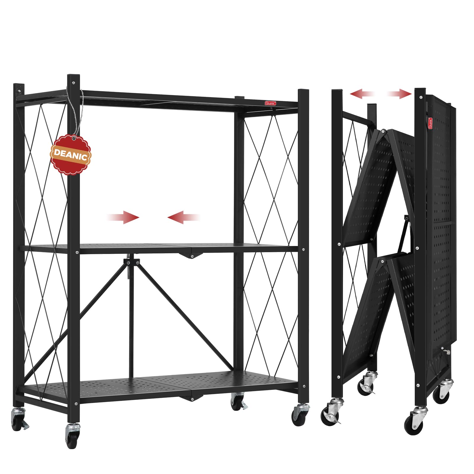DEANIC 3 Tier Foldable Storage Shelves with Wheels, Kitchen Appliance Stand, Freestanding Metal Wire Shelf Rack, No Assembly Org