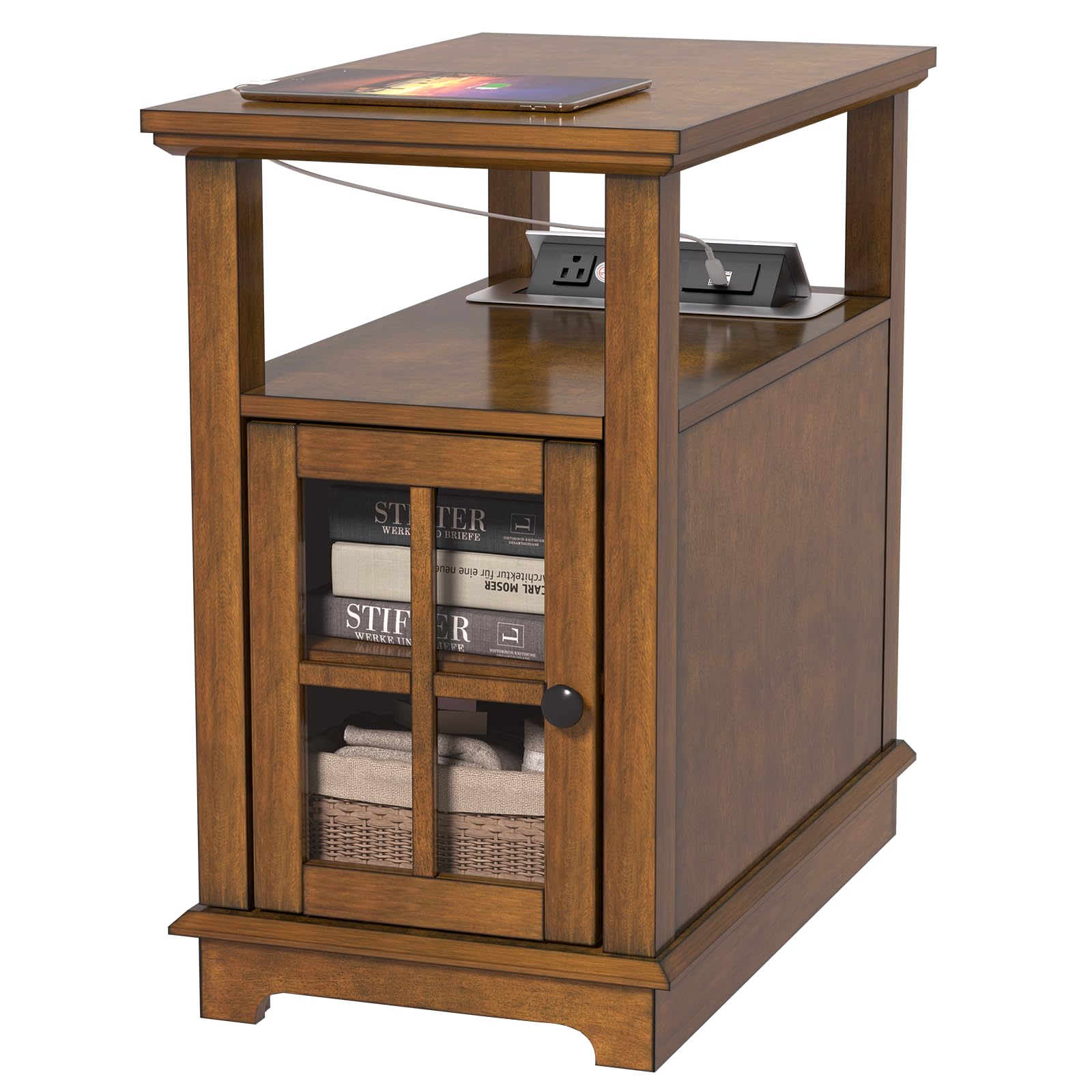 HIFYOBRO End Table with Hidden Charging Station, Storage End Table, Side Table with USB Ports and Outlets, Wooden Nightstand for