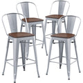 Aklaus Industrial Metal Bar Stools Set of 4, 26 inch Counter Height Barstools with Backs, Farmhouse Style, Silver