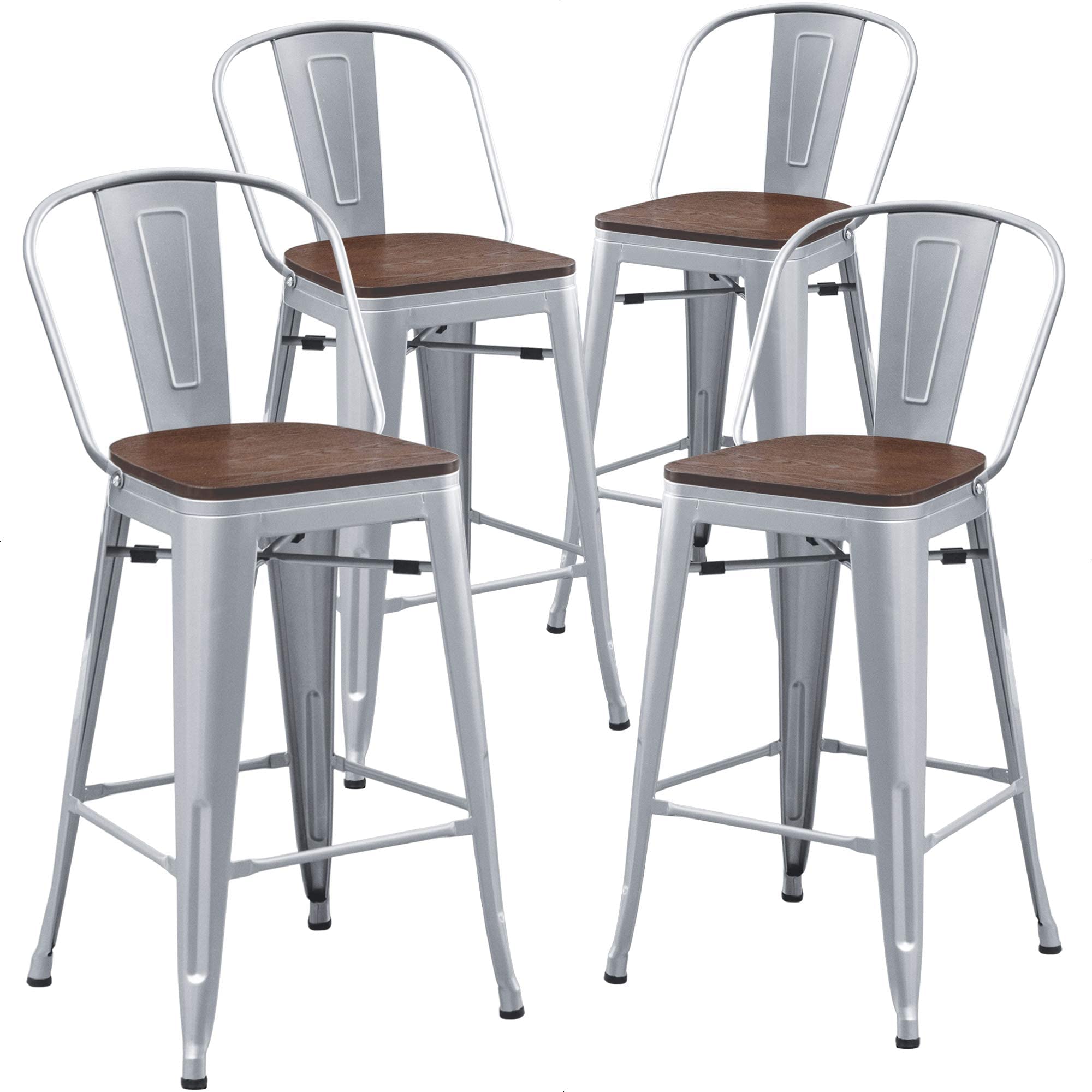 Aklaus Industrial Metal Bar Stools Set of 4, 26 inch Counter Height Barstools with Backs, Farmhouse Style, Silver