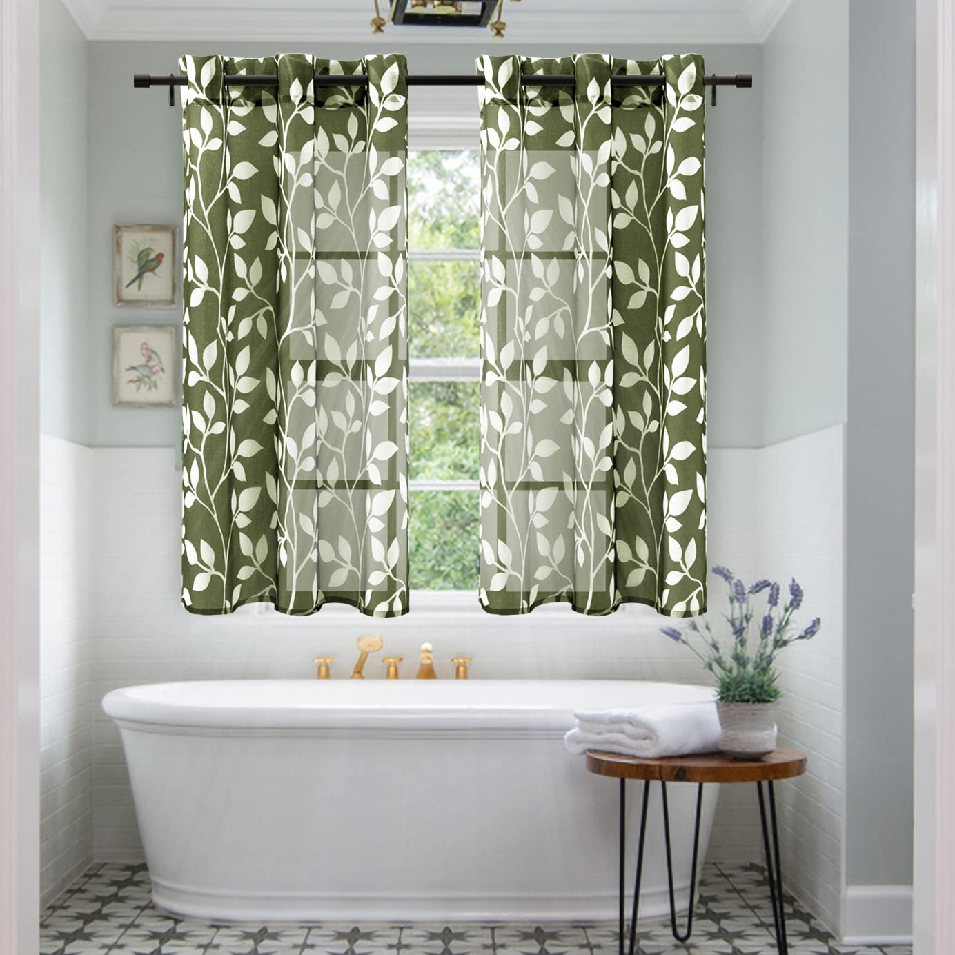 XTMYI Olive Green Kitchen Decor,Sheer Leaf Bathroom Curtains for Window,48 Inch Length,Dark Green