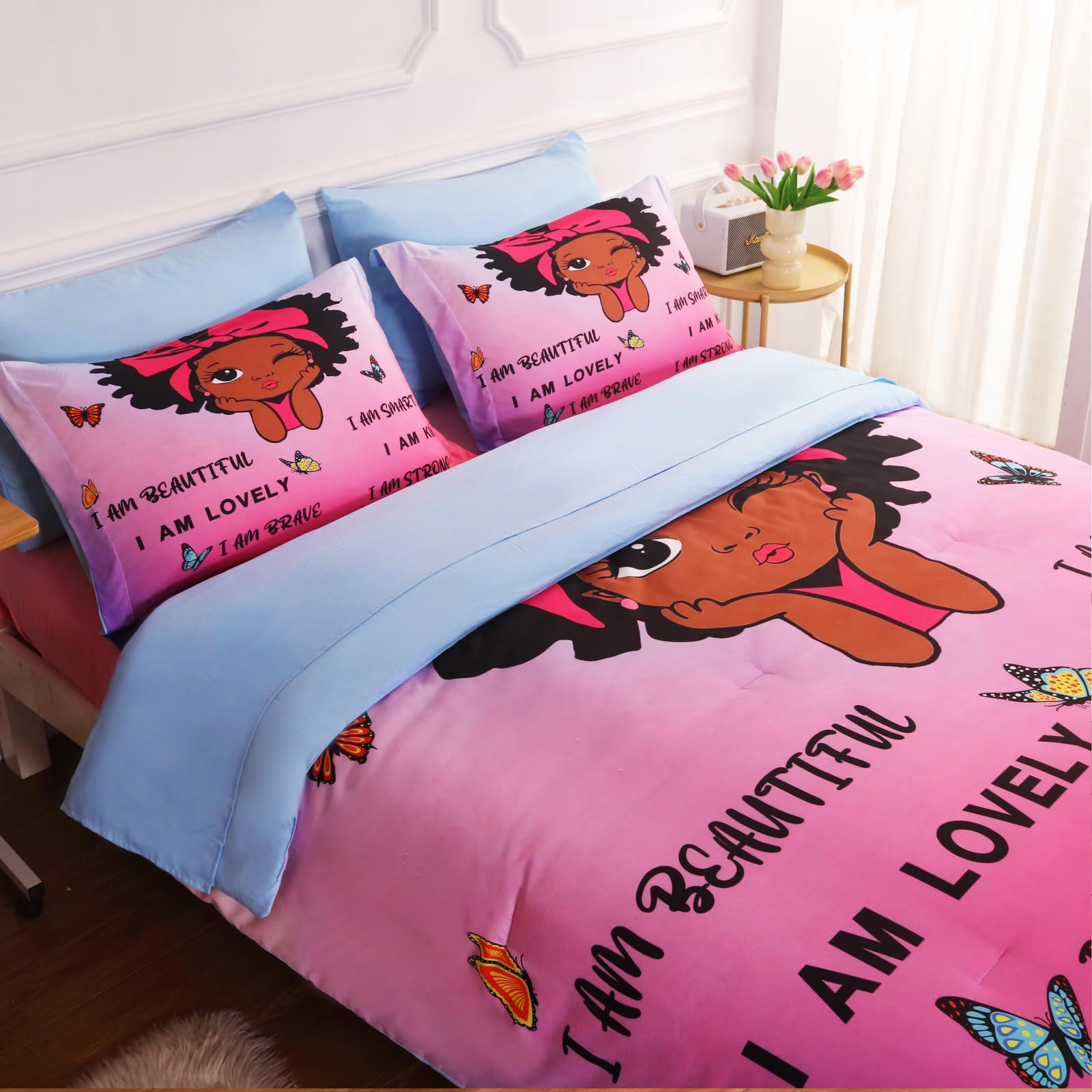 Gusuhome 7 Piece Black Girls Magic Comforter Sets Full Size African American Girl Bedding Set Bed in A Bag for Girls Kids Teens 