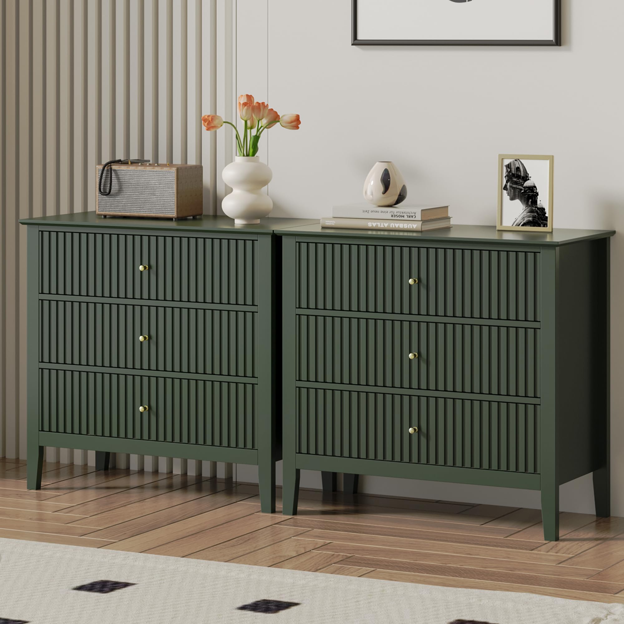 RoyalCraft 3 Drawer Dresser Set of 2, Fluted Chest of Drawers with Storage, Modern Painted 30 inch Tall Nightstand for Bedroom L